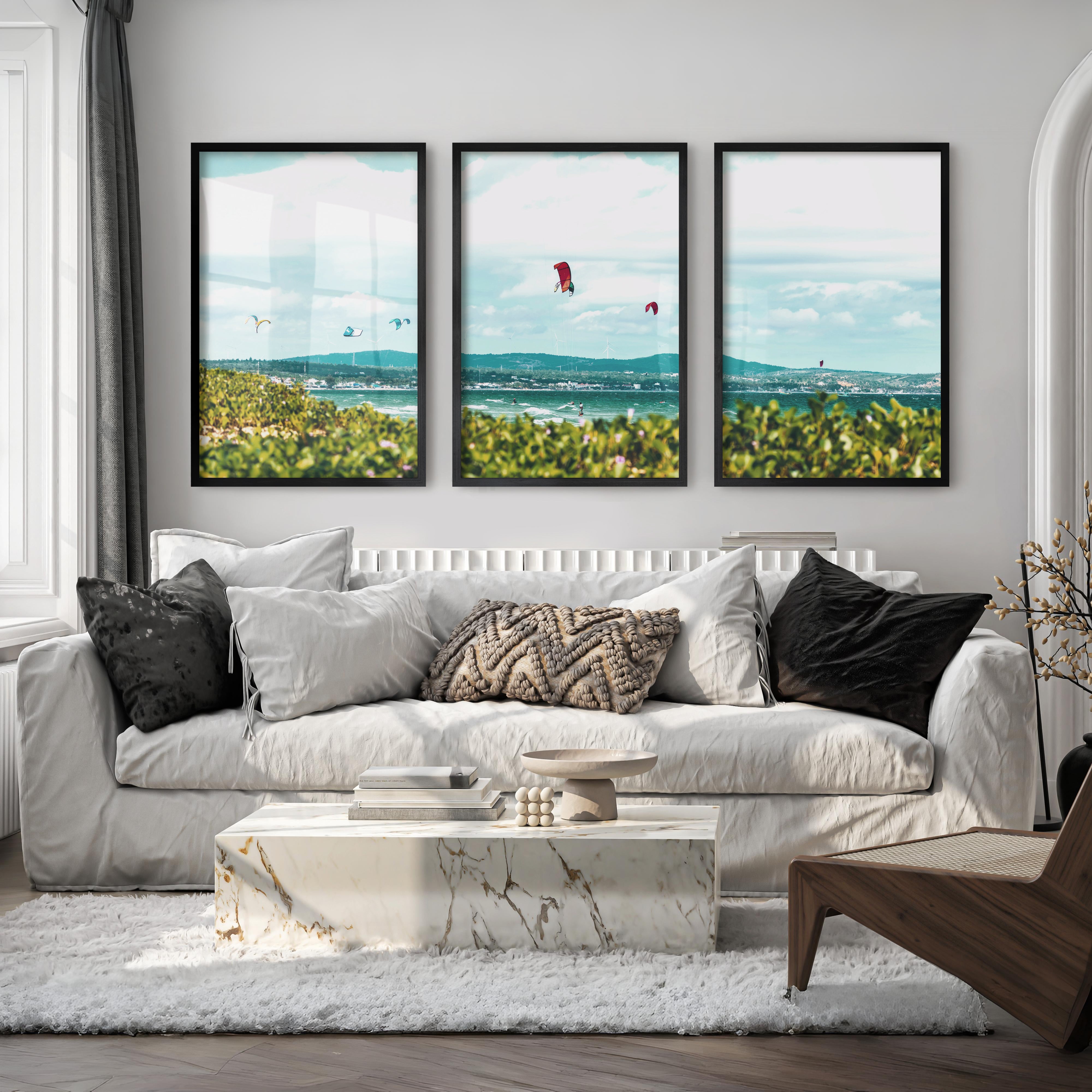 Kitesurfing Bay coastal themed wall art - Black Framed Poster No Border - Artworksets