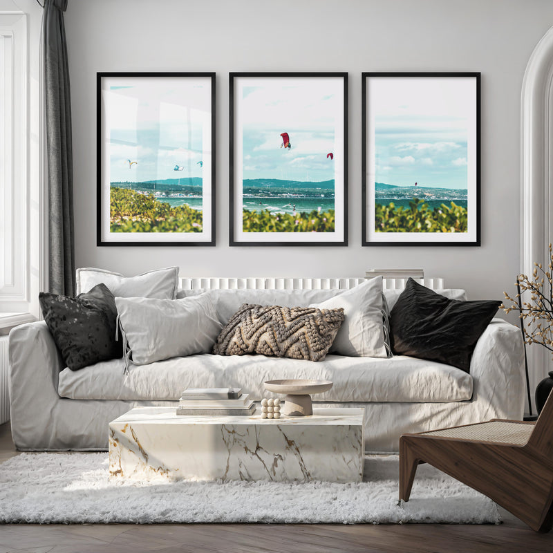 Kitesurfing Bay coastal themed wall art - Black Framed Poster with White Border - Artworksets