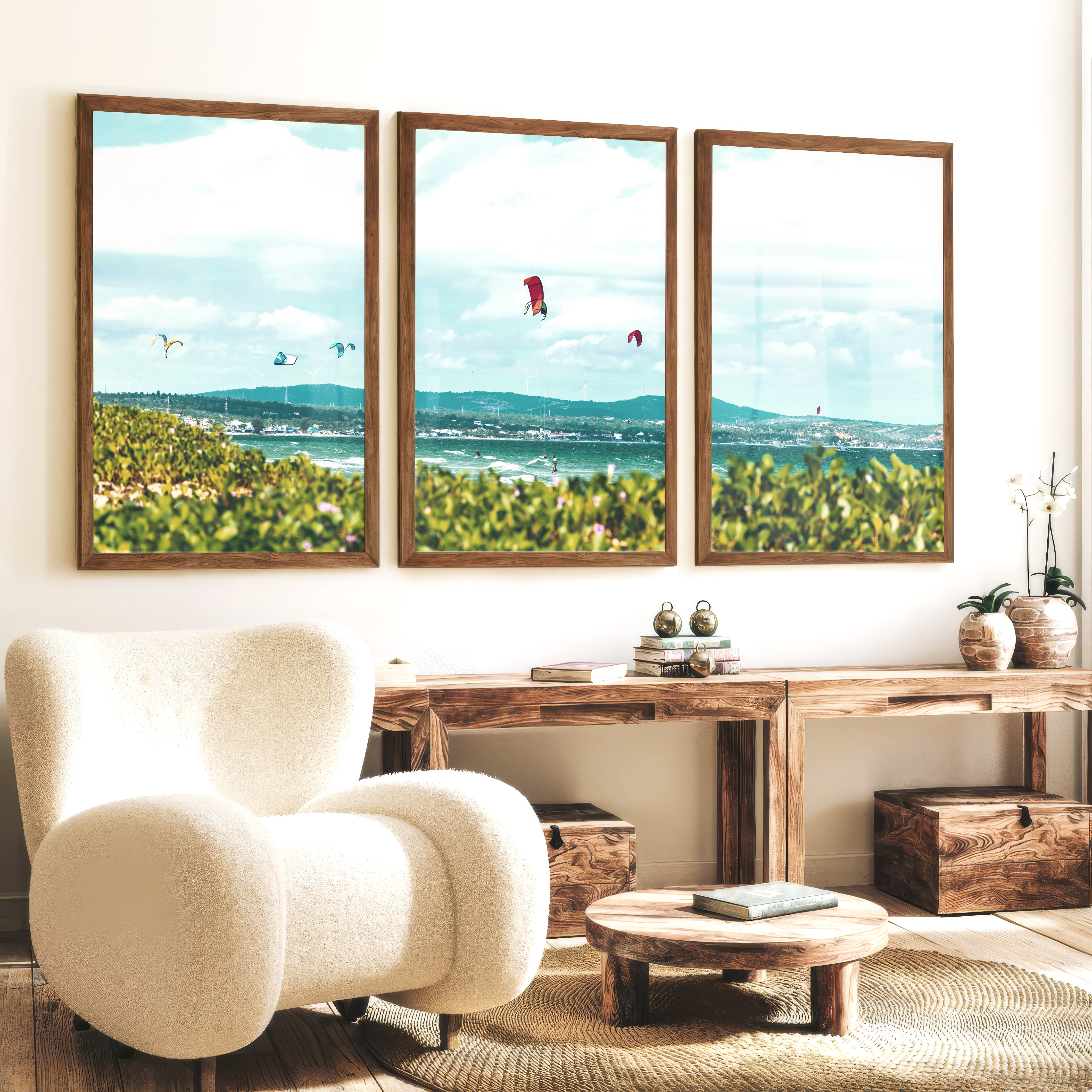 Kitesurfing Bay coastal themed wall art - Dark Brown Framed Poster No Border - Artworksets
