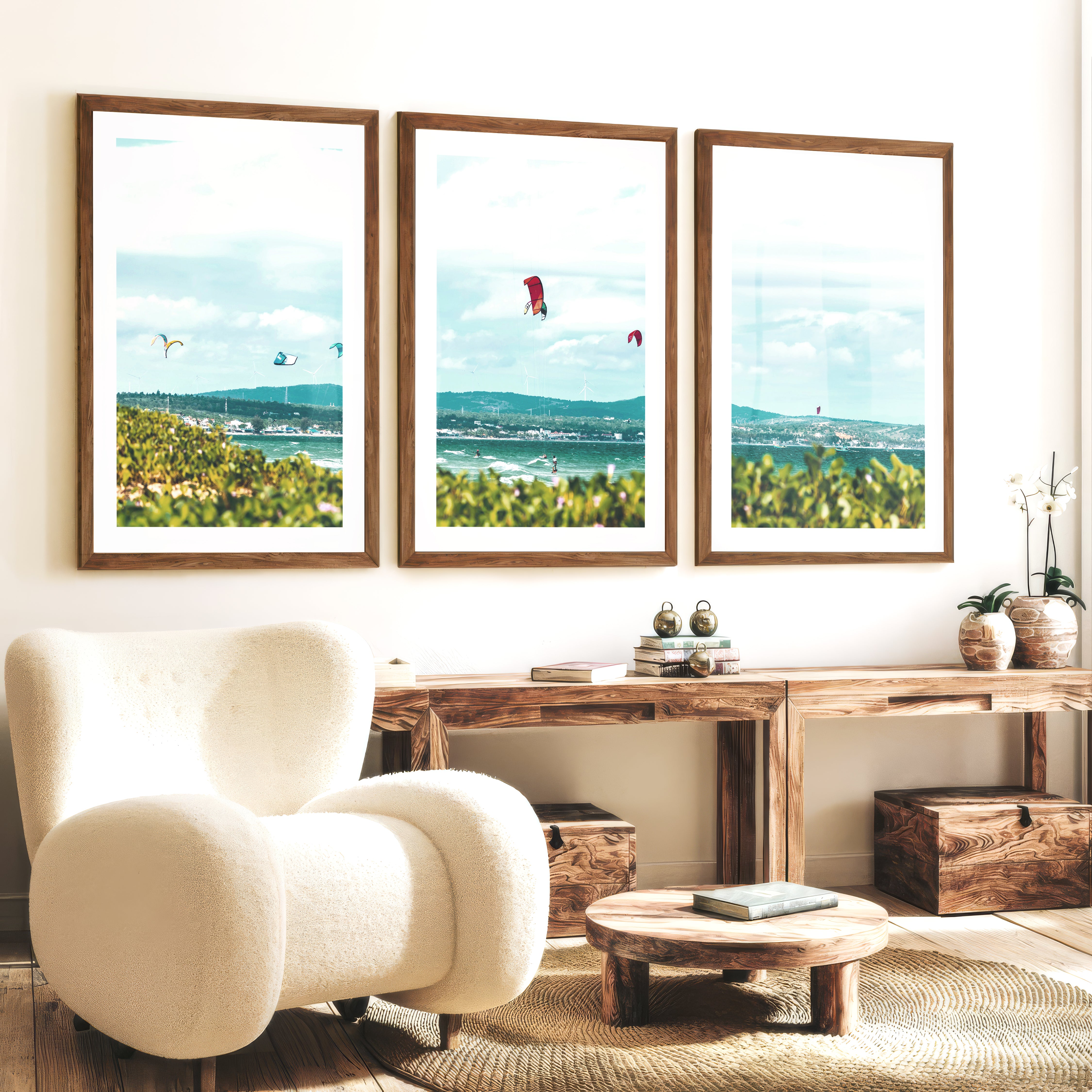 Kitesurfing Bay coastal themed wall art - Dark Brown Framed Poster with White Border - Artworksets
