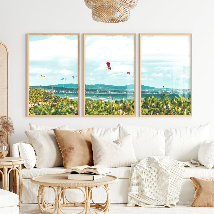 Kitesurfing Bay coastal themed wall art - Natural Wood Framed Poster No Border - Artworksets