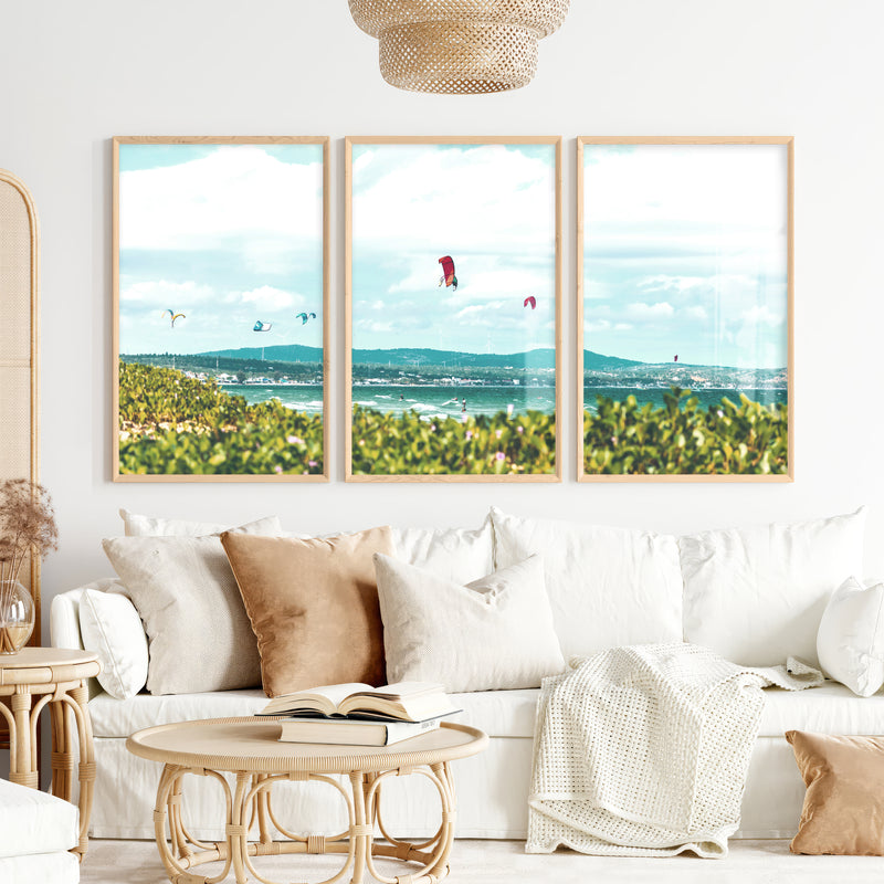 Kitesurfing Bay coastal themed wall art - Natural Wood Framed Poster No Border - Artworksets