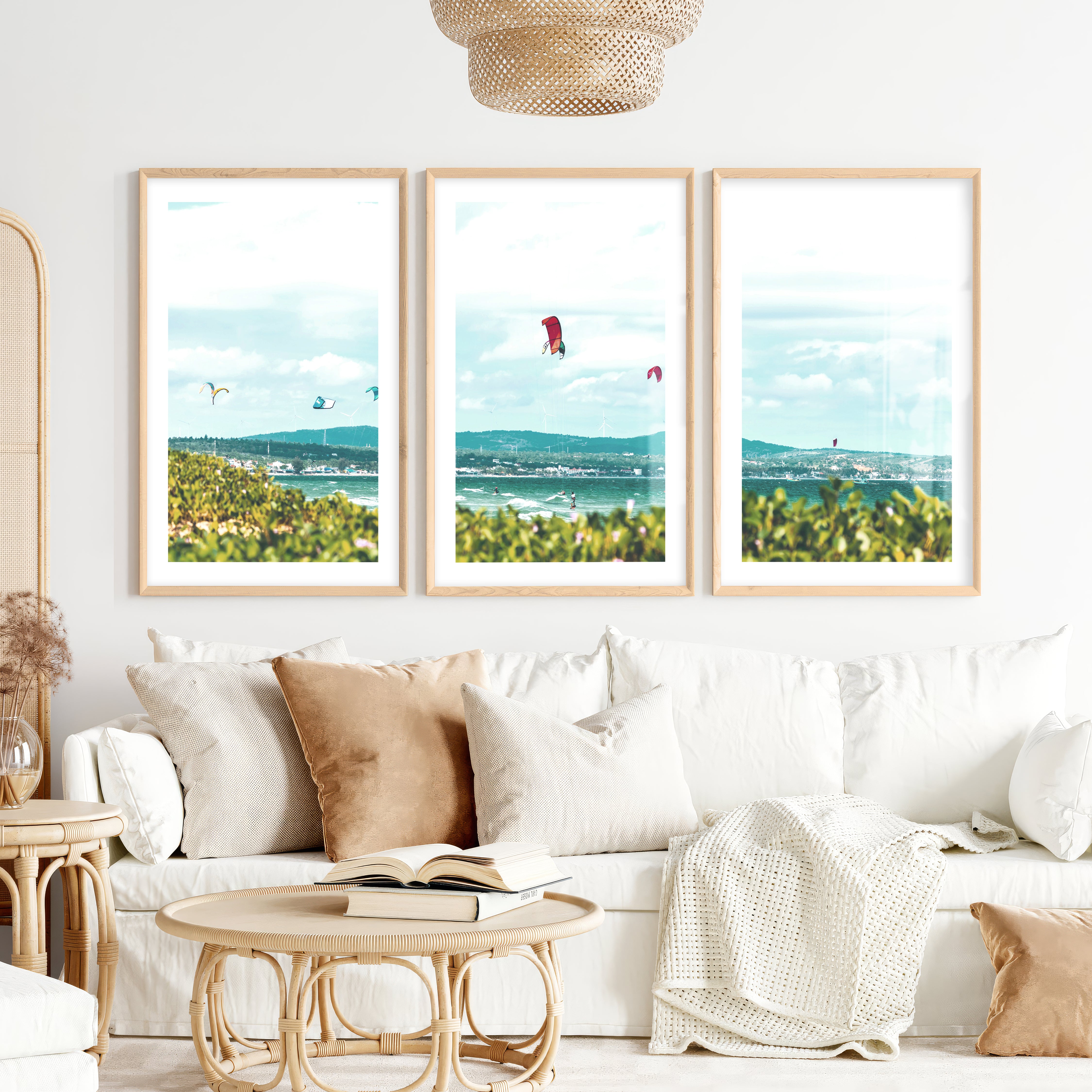 Kitesurfing Bay coastal themed wall art- Natural Wood Framed Poster with White Border - Artworksets
