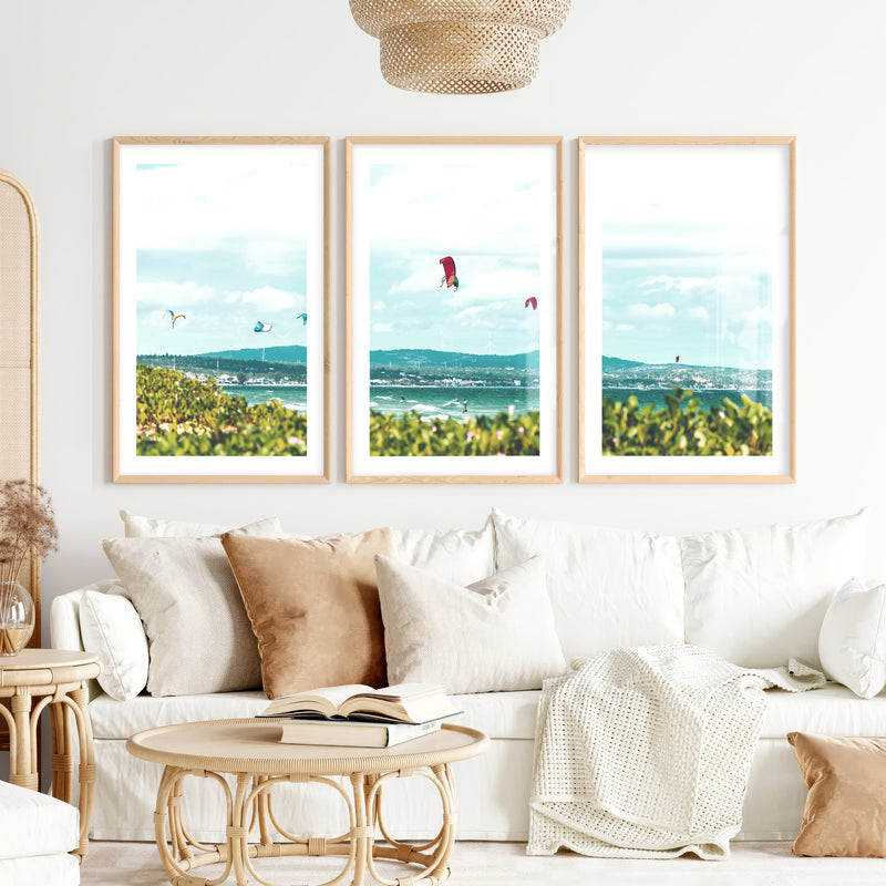 Kitesurfing Bay coastal themed wall art- Natural Wood Framed Poster with White Border - Artworksets