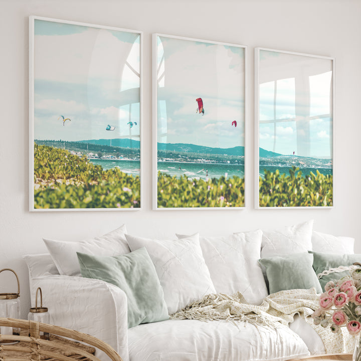 Kitesurfing Bay coastal themed wall art - White Framed Poster No Border - Artworksets