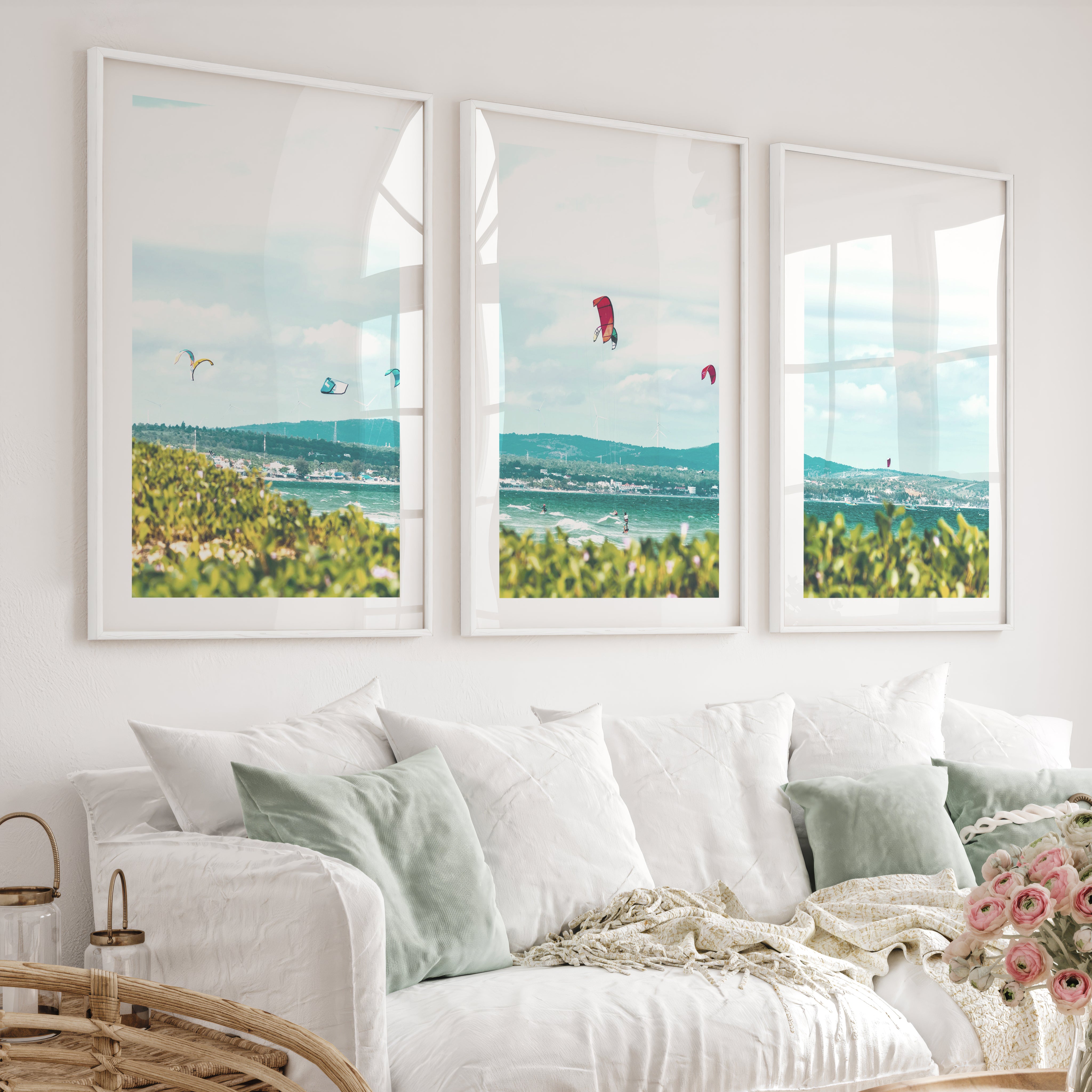 Kitesurfing Bay coastal themed wall art - White Framed Poster with White Border - Artworksets