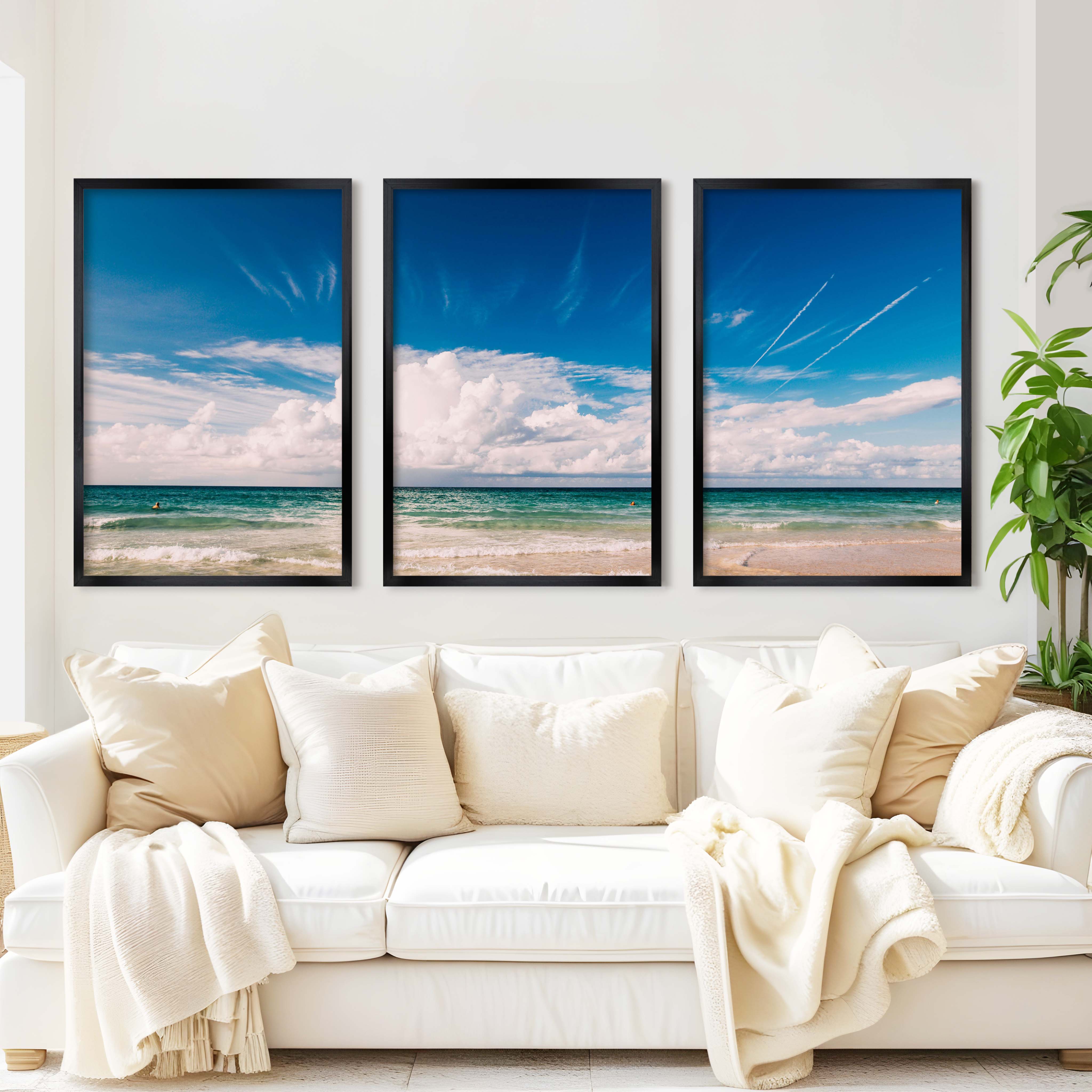 Coastal Themed Wall Art Triptych – Waves, Clouds, and Open Sky - Black Framed Poster No Border - Artworksets