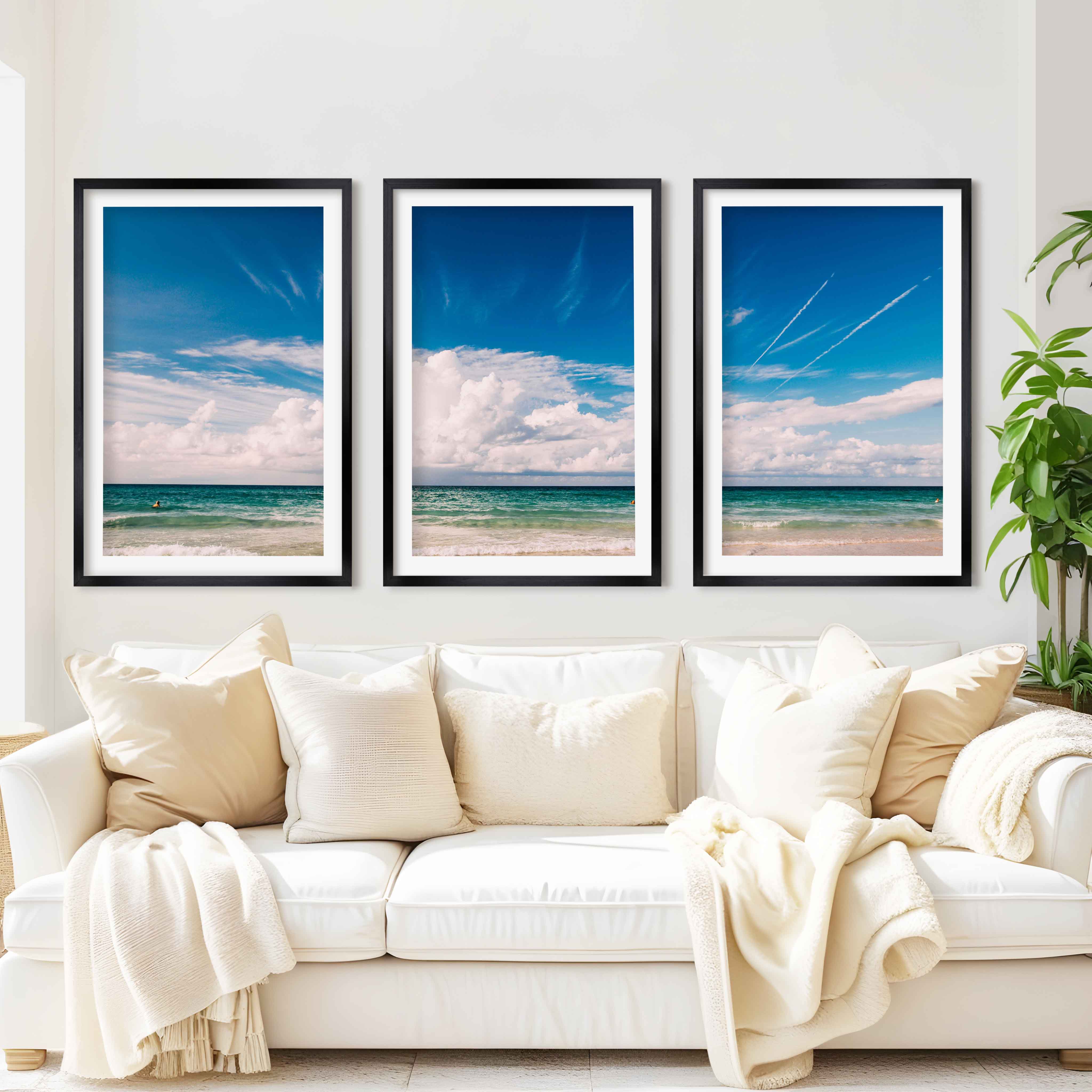 Coastal Themed Wall Art Triptych – Waves, Clouds, and Open Sky - Black Framed Poster with White Border - Artworksets
