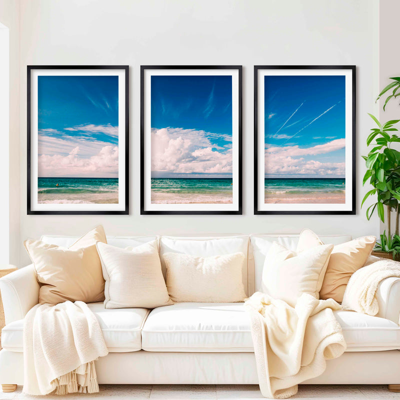 Coastal Themed Wall Art Triptych – Waves, Clouds, and Open Sky - Black Framed Poster with White Border - Artworksets