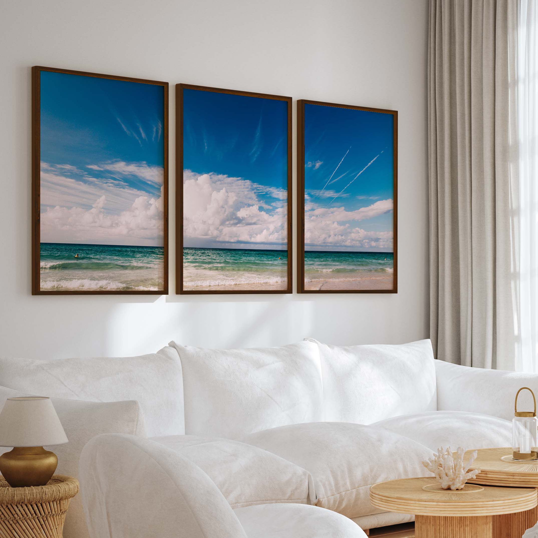 Coastal Themed Wall Art Triptych – Waves, Clouds, and Open Sky - Dark Brown Framed Poster No Border - Artworksets