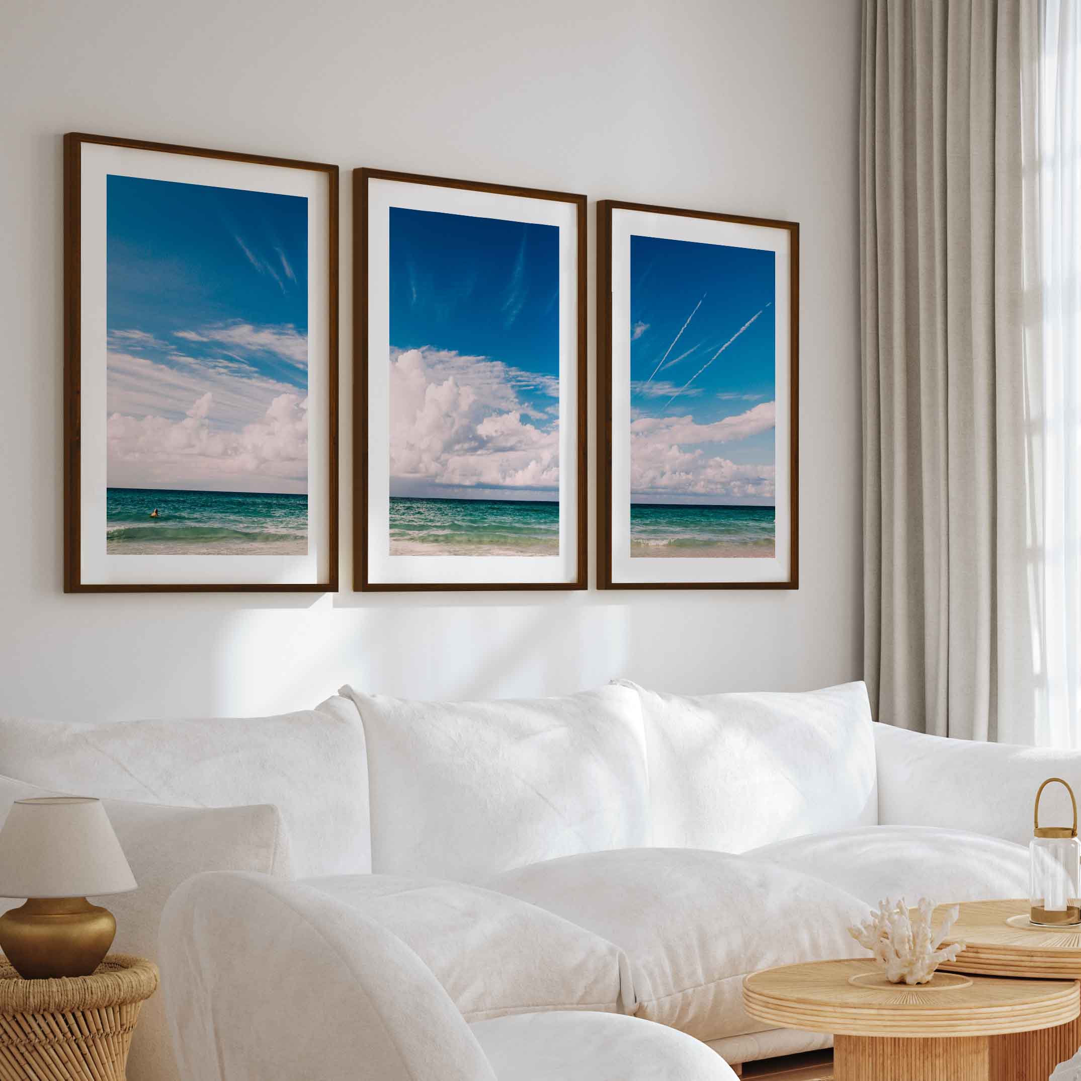 Coastal Themed Wall Art Triptych – Waves, Clouds, and Open Sky - Dark Brown Framed Poster with White Border - Artworksets