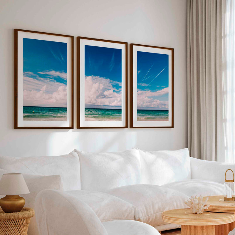 Coastal Themed Wall Art Triptych – Waves, Clouds, and Open Sky - Dark Brown Framed Poster with White Border - Artworksets