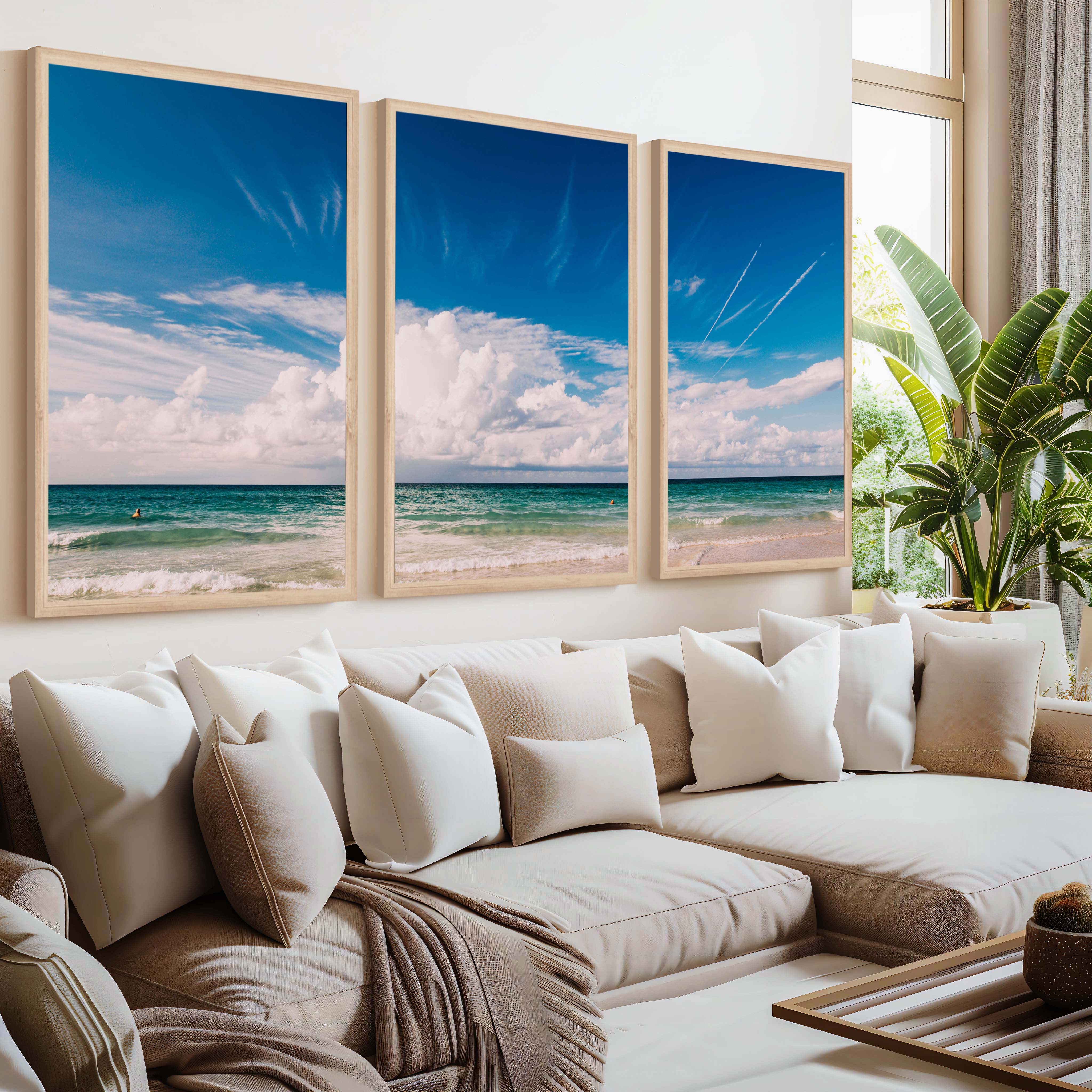 Coastal Themed Wall Art Triptych – Waves, Clouds, and Open Sky - Natural Wood Framed Poster No Border - Artworksets