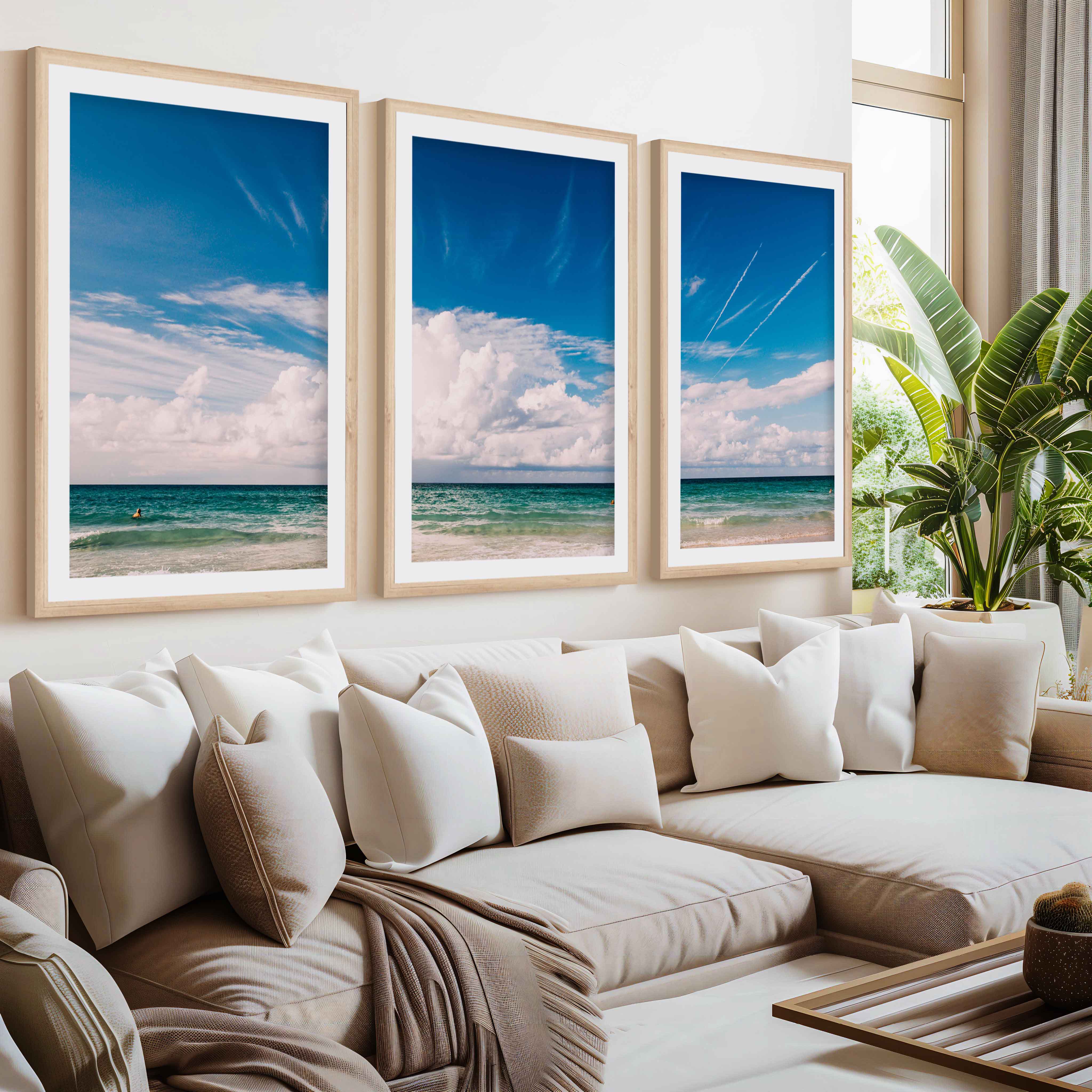 Coastal Themed Wall Art Triptych – Waves, Clouds, and Open Sky- Natural Wood Framed Poster with White Border - Artworksets