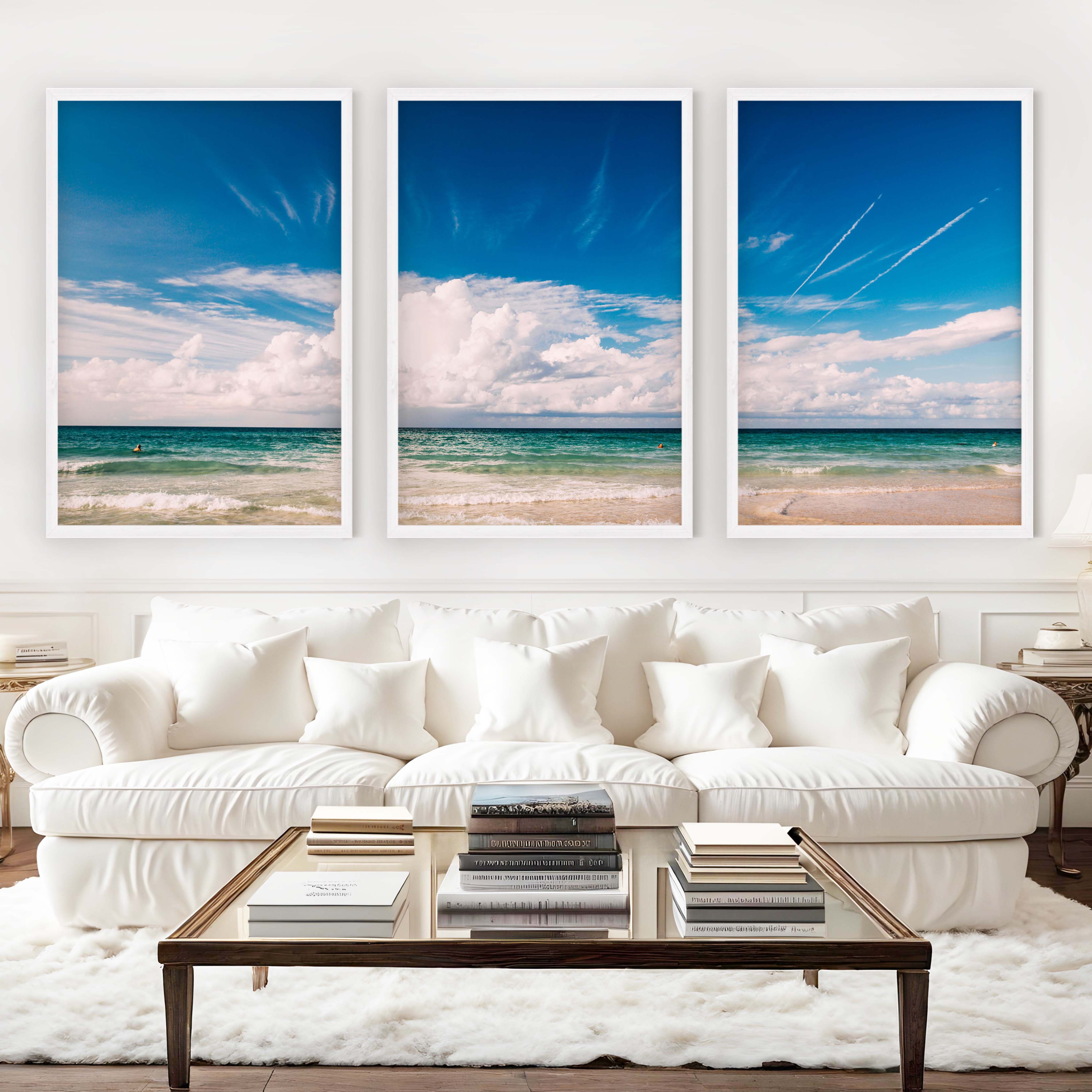 Coastal Themed Wall Art Triptych – Waves, Clouds, and Open Sky - White Framed Poster No Border - Artworksets