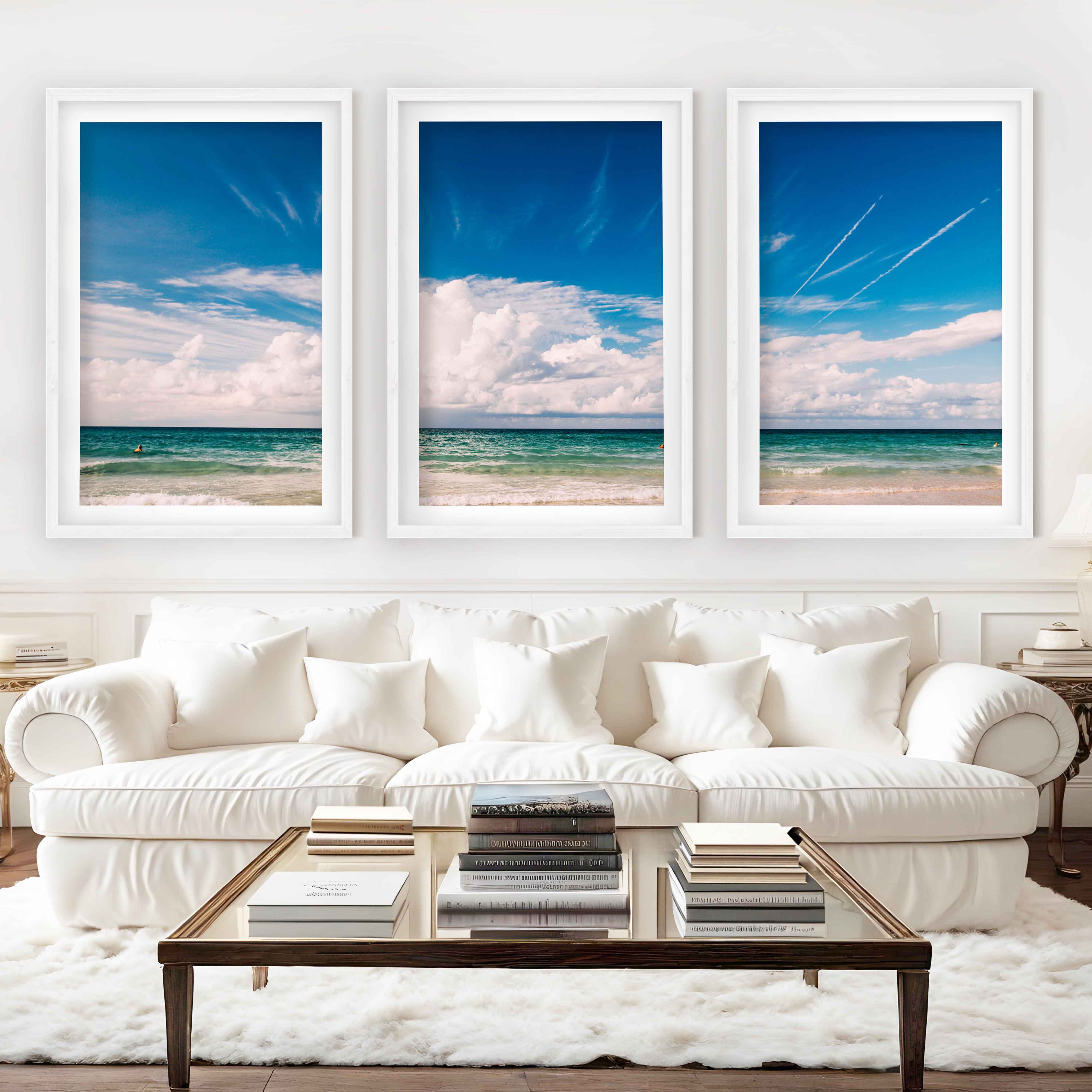Coastal Themed Wall Art Triptych – Waves, Clouds, and Open Sky - White Framed Poster with White Border - Artworksets