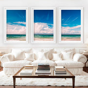 Coastal Themed Wall Art Triptych – Waves, Clouds, and Open Sky - White Framed Poster with White Border - Artworksets