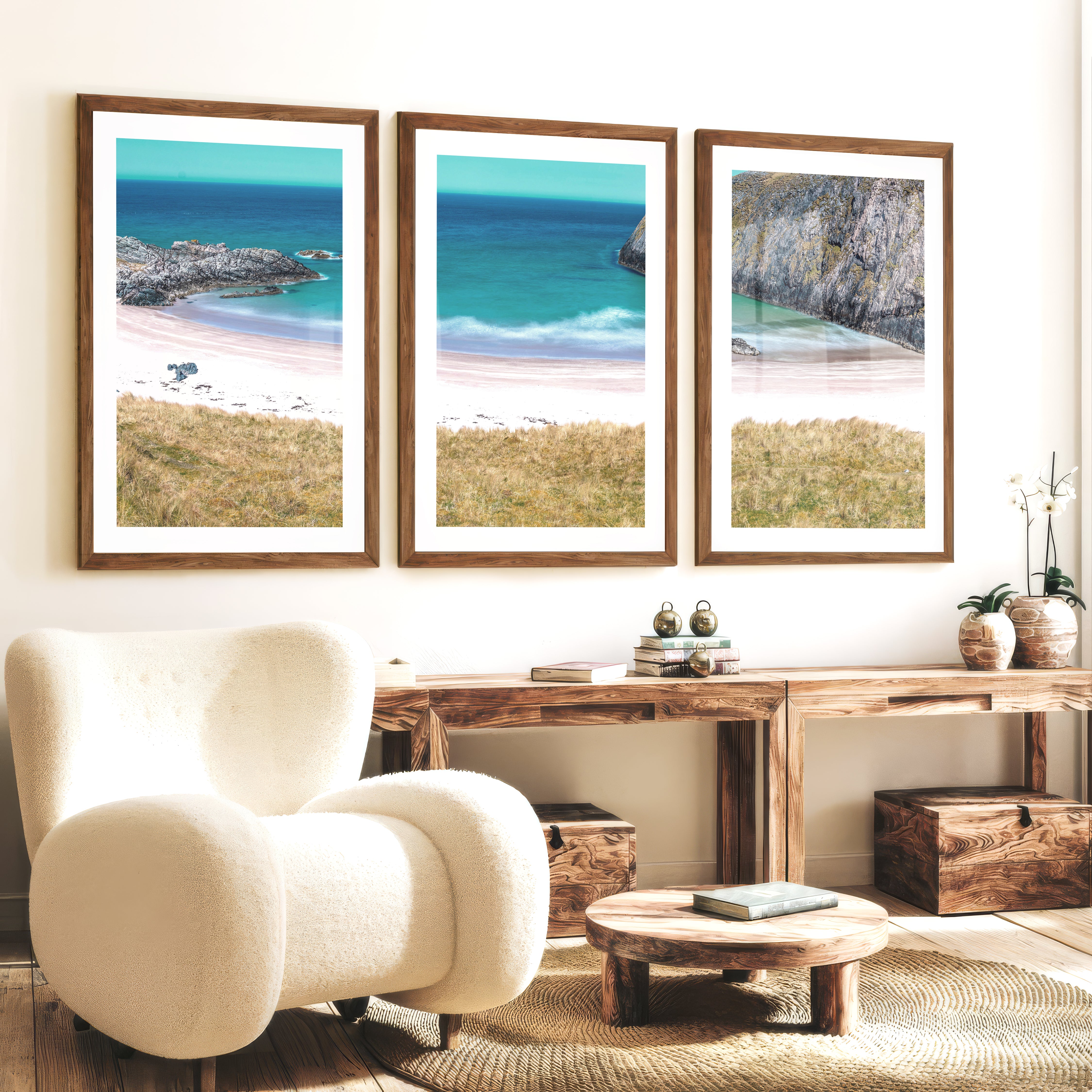 Cliff Cove coastal themed wall decor - Dark Brown Framed Poster with White Border - Artworksets