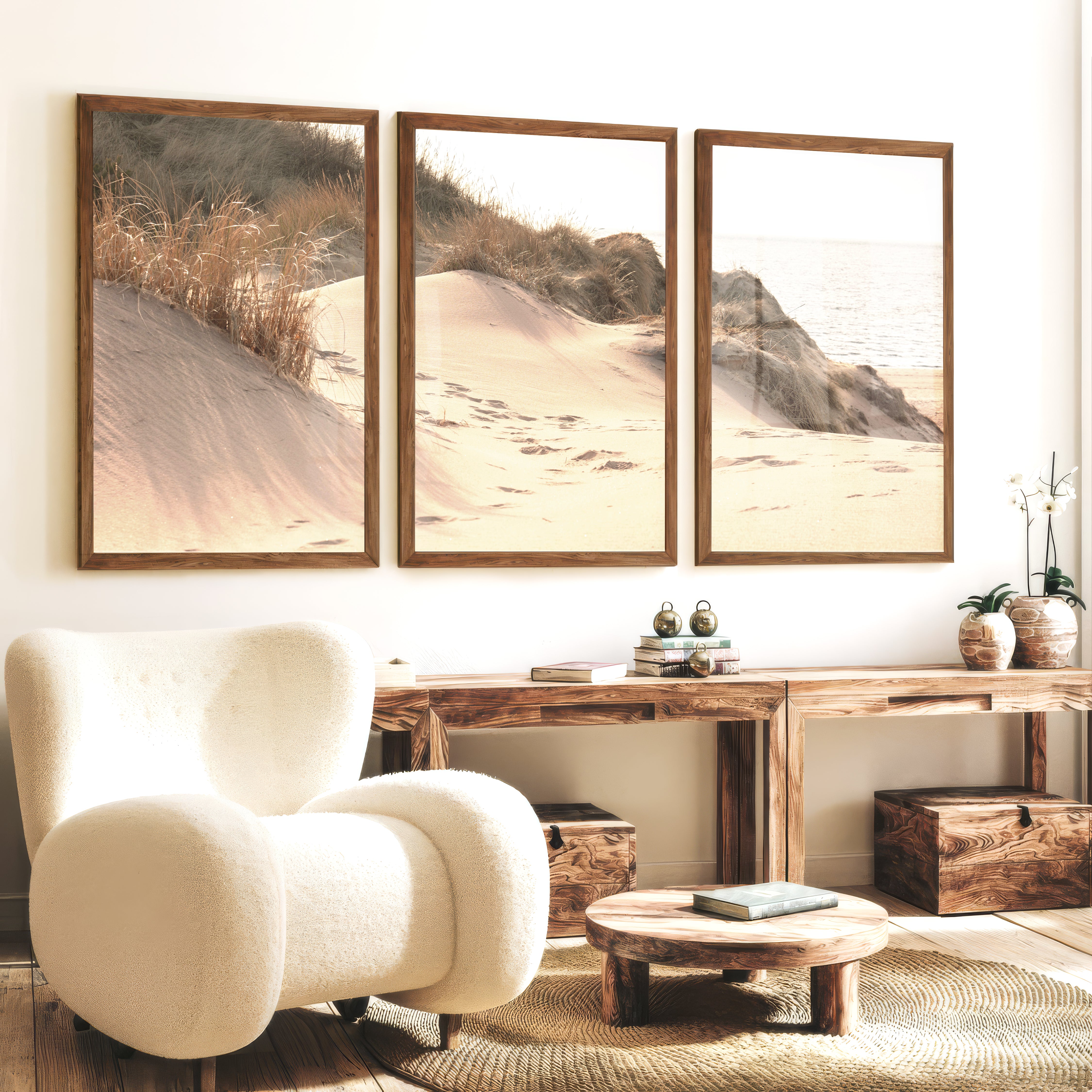Sunlit Dune coastal themed wall decor - Dark Brown Framed Poster No Border - Artworksets