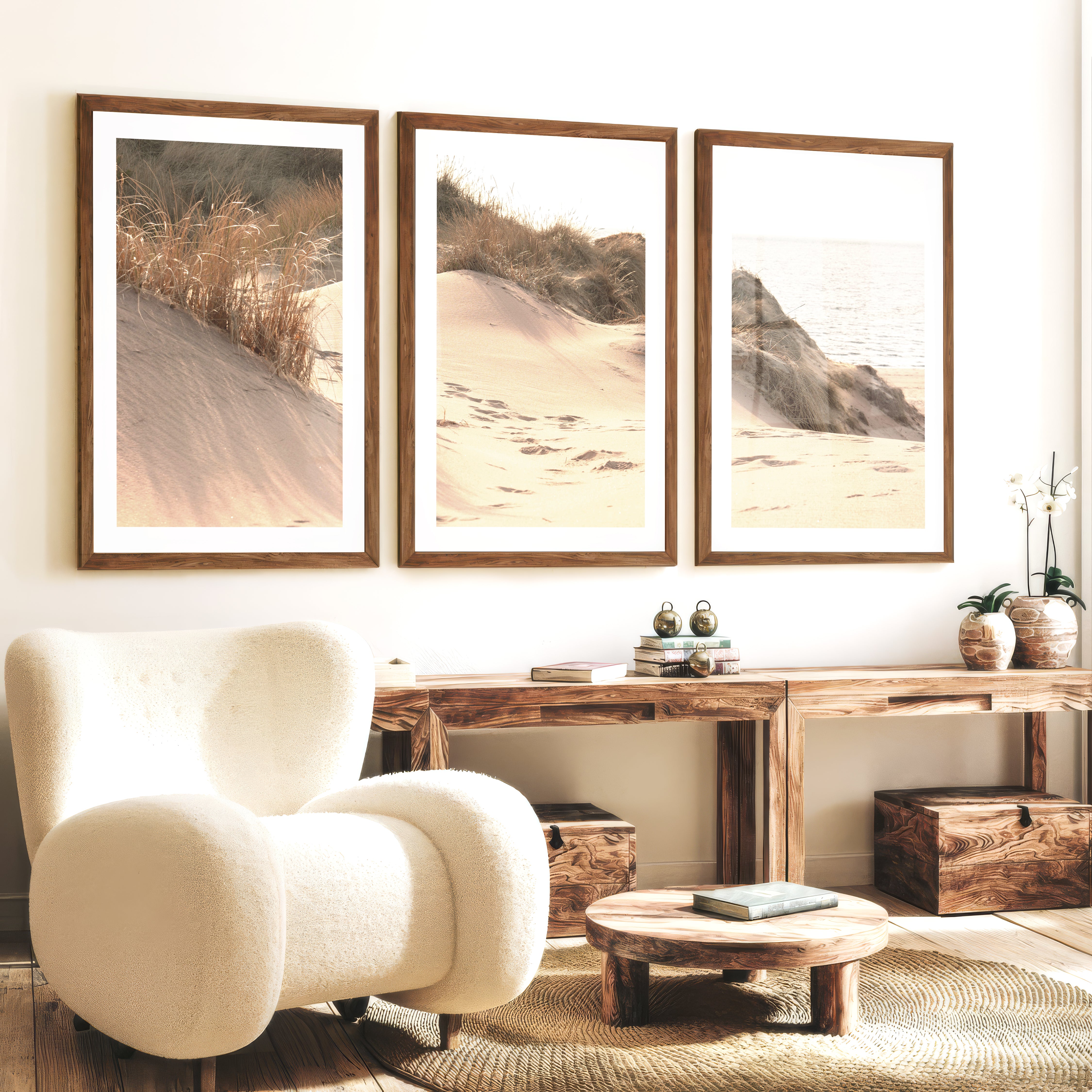 Sunlit Dune coastal themed wall decor - Dark Brown Framed Poster with White Border - Artworksets
