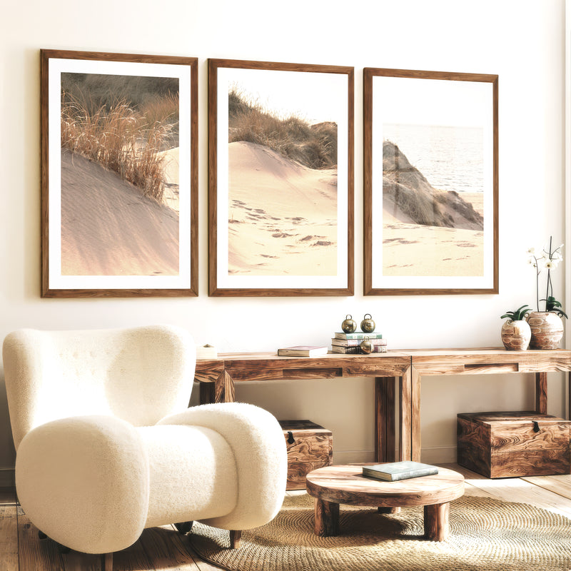 Sunlit Dune coastal themed wall decor - Dark Brown Framed Poster with White Border - Artworksets