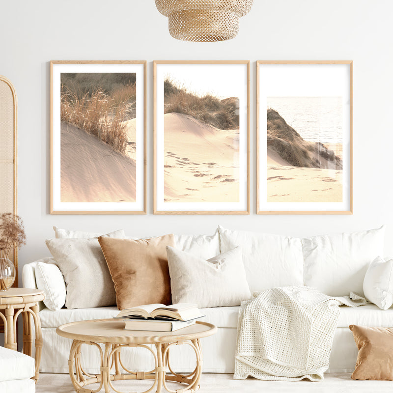 Sunlit Dune coastal themed wall decor- Natural Wood Framed Poster with White Border - Artworksets