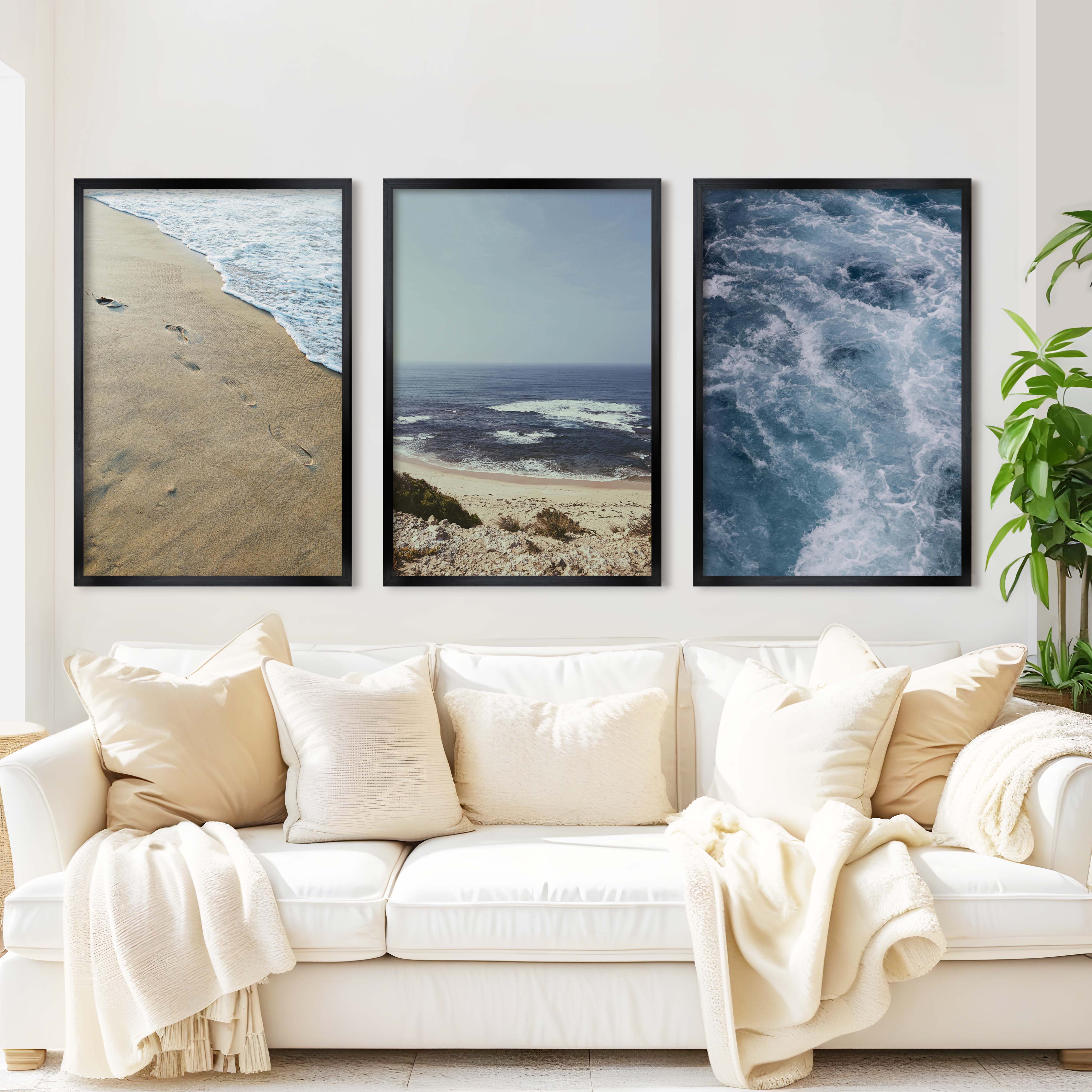 Coastal Triptych Art Prints – Ocean Wave & Beach Photography Set - Black Framed Poster No Border - Artworksets