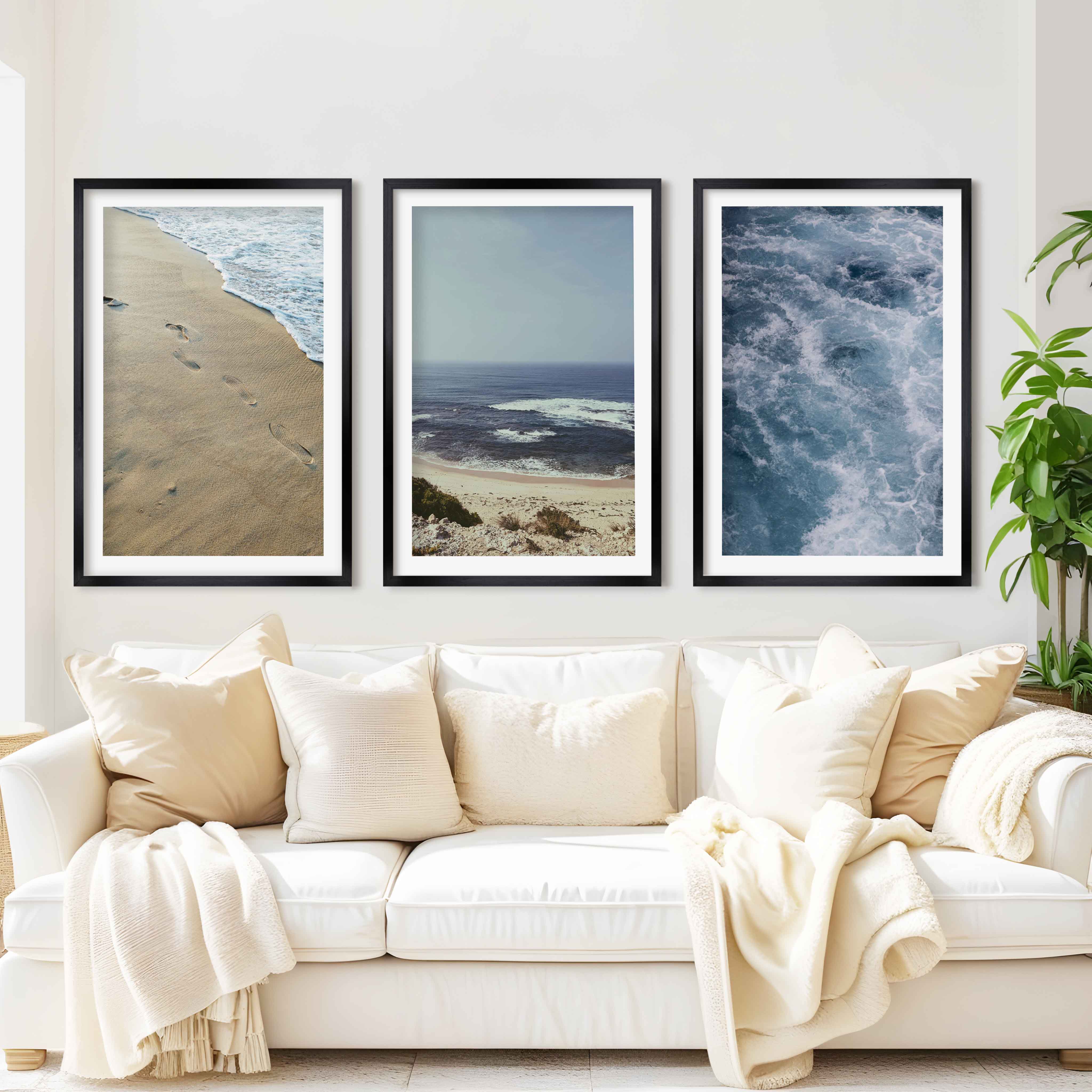 Coastal Triptych Art Prints – Ocean Wave & Beach Photography Set - Black Framed Poster with White Border - Artworksets