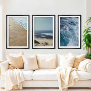 Coastal Triptych Art Prints – Ocean Wave & Beach Photography Set - Black Framed Poster with White Border - Artworksets