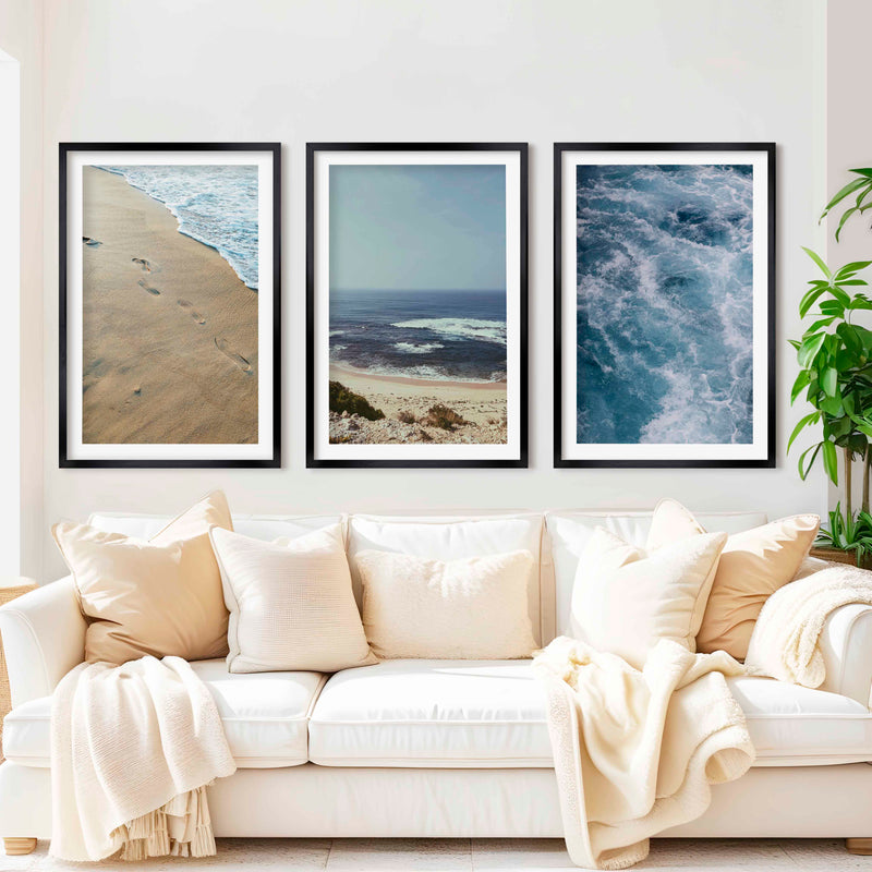 Coastal Triptych Art Prints – Ocean Wave & Beach Photography Set - Black Framed Poster with White Border - Artworksets