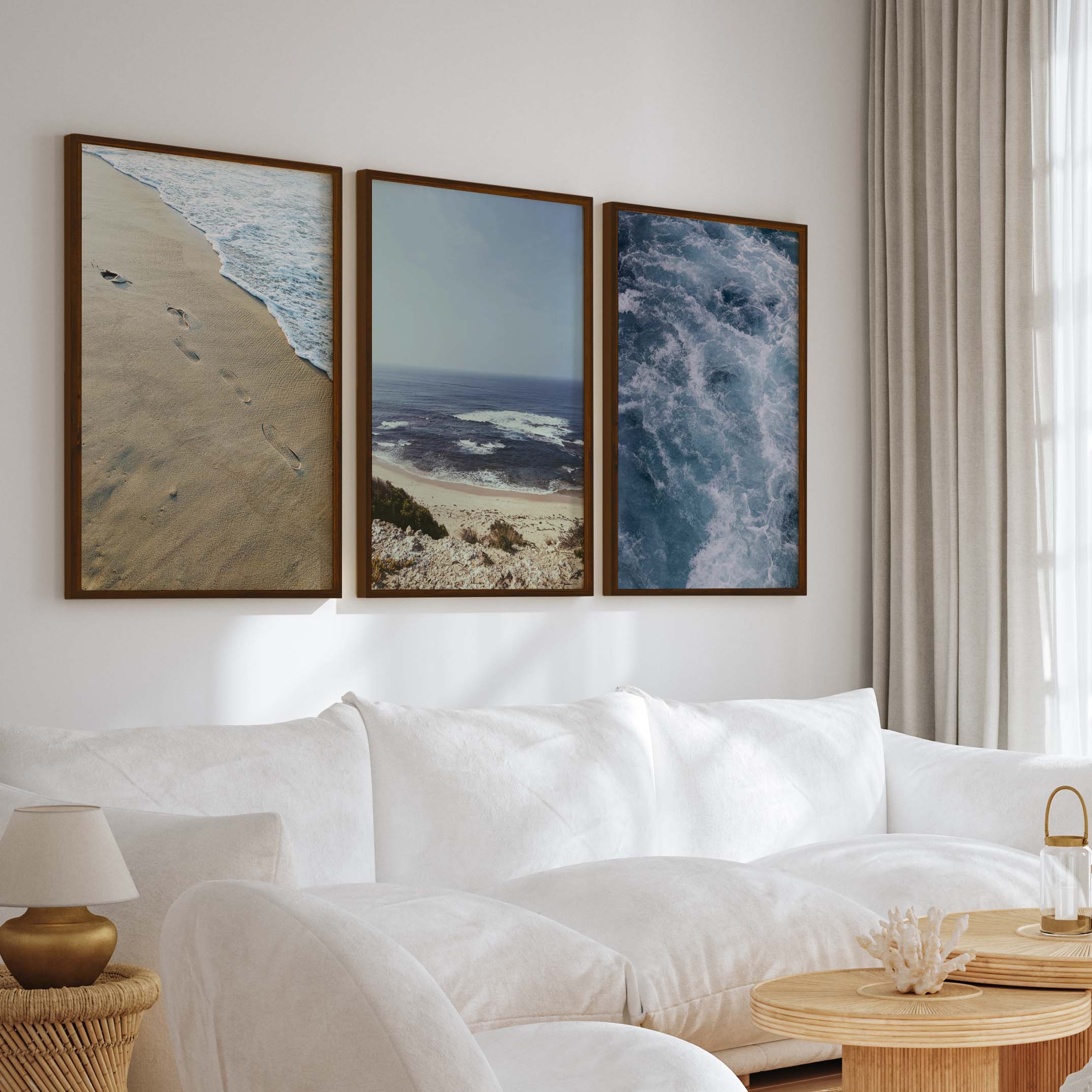 Coastal Triptych Art Prints – Ocean Wave & Beach Photography Set - Dark Brown Framed Poster No Border - Artworksets