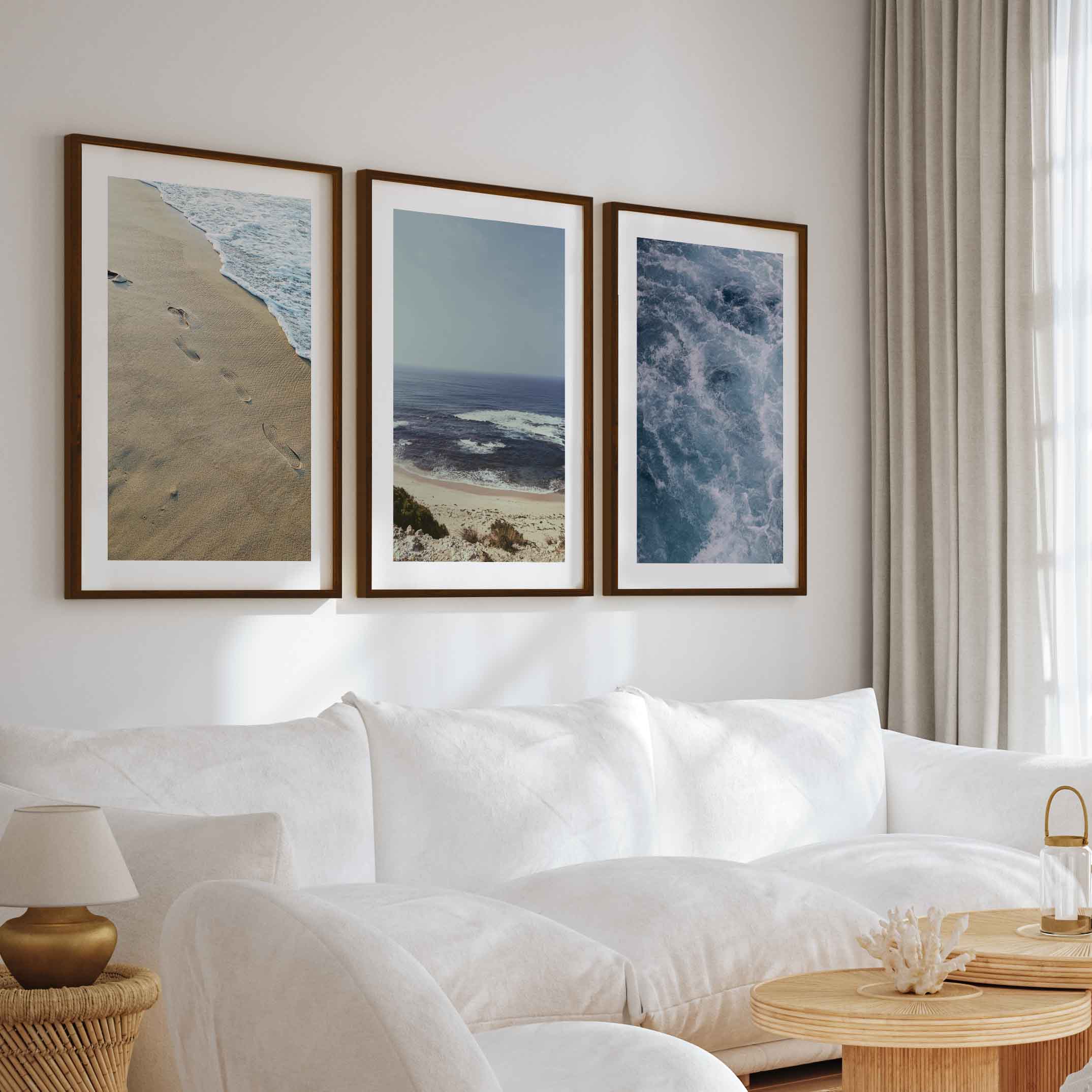 Coastal Triptych Art Prints – Ocean Wave & Beach Photography Set - Dark Brown Framed Poster with White Border - Artworksets