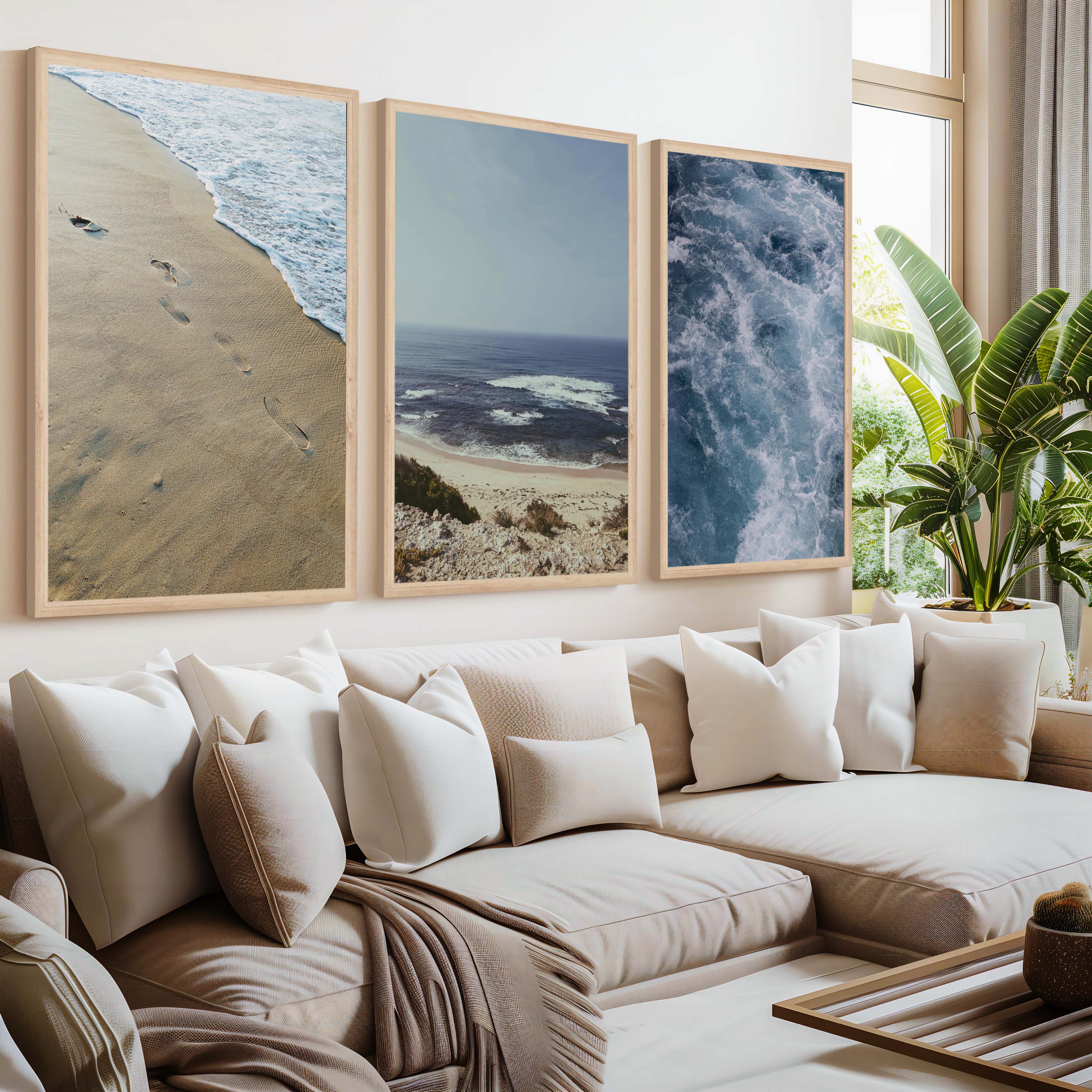 Coastal Triptych Art Prints – Ocean Wave & Beach Photography Set - Natural Wood Framed Poster No Border - Artworksets