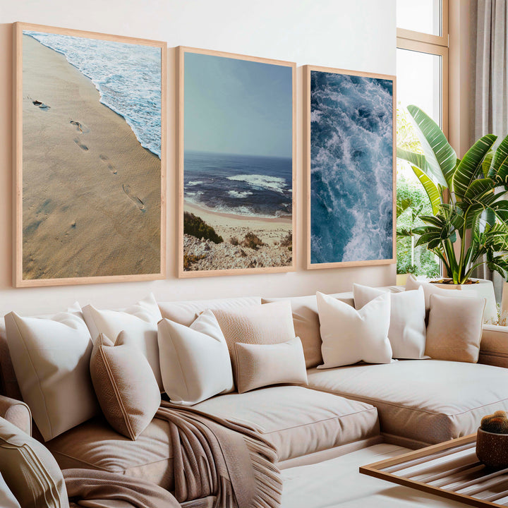 Coastal Triptych Art Prints – Ocean Wave & Beach Photography Set - Natural Wood Framed Poster No Border - Artworksets