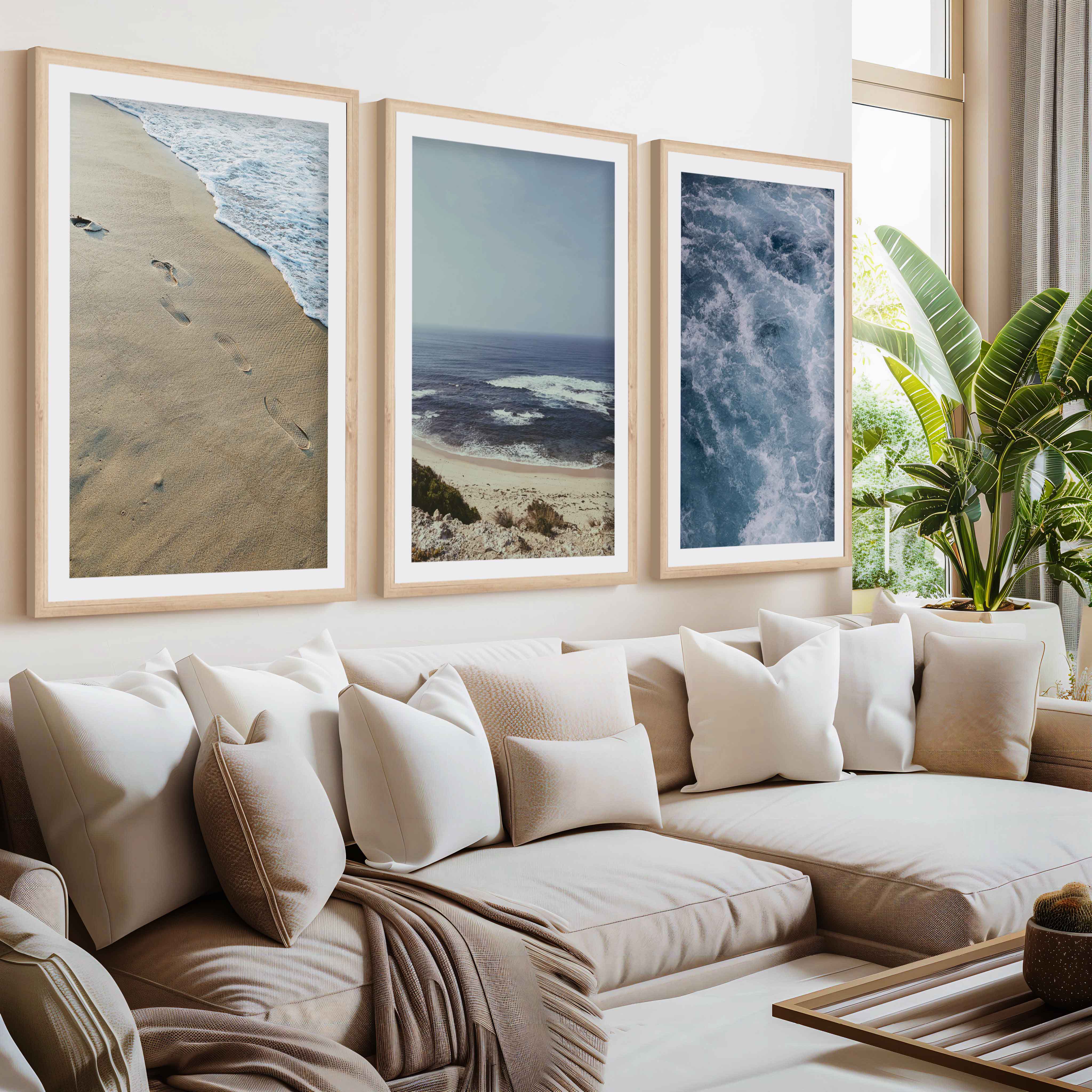Coastal Triptych Art Prints – Ocean Wave & Beach Photography Set- Natural Wood Framed Poster with White Border - Artworksets