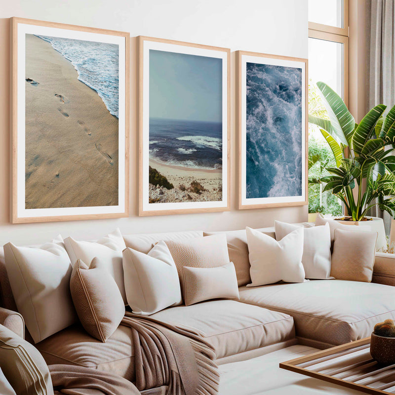 Coastal Triptych Art Prints – Ocean Wave & Beach Photography Set- Natural Wood Framed Poster with White Border - Artworksets