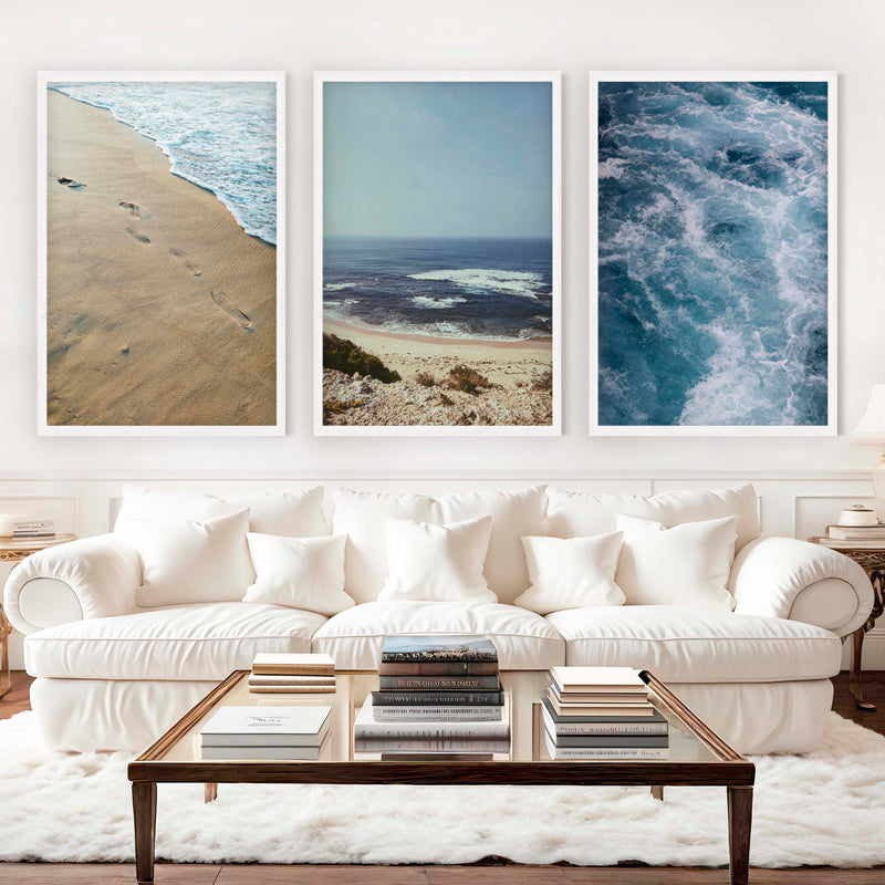 Coastal Triptych Art Prints – Ocean Wave & Beach Photography Set - White Framed Poster No Border - Artworksets