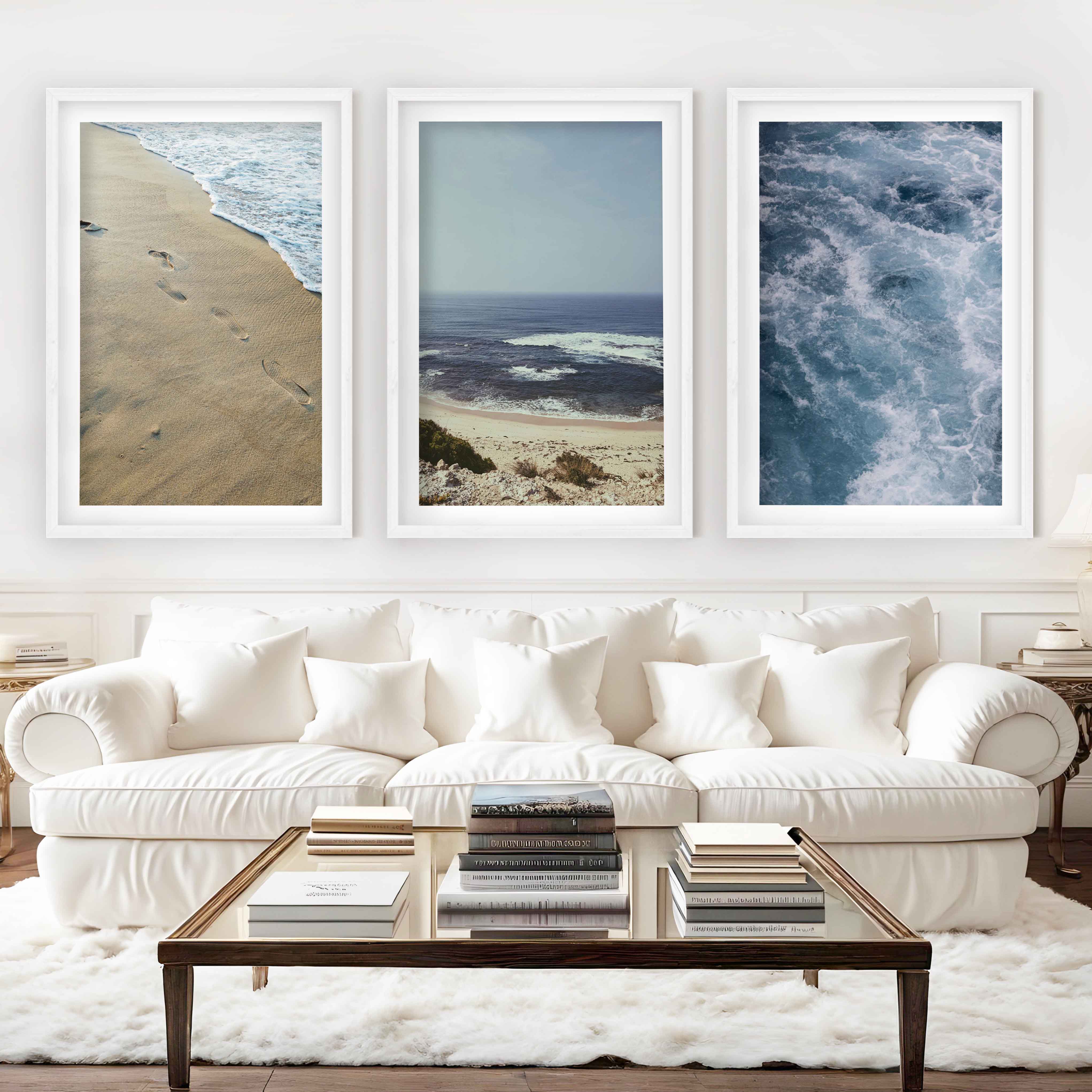 Coastal Triptych Art Prints – Ocean Wave & Beach Photography Set - White Framed Poster with White Border - Artworksets