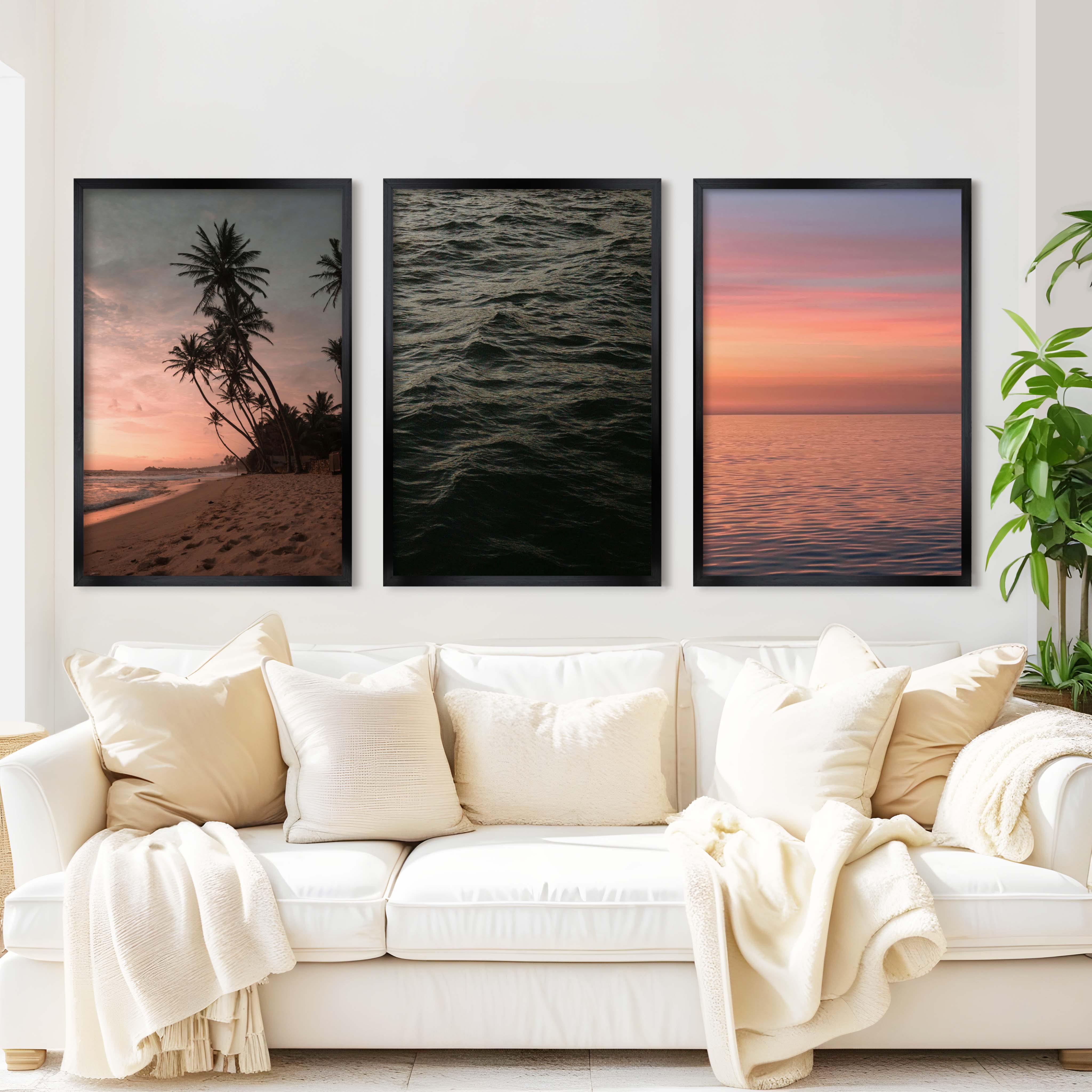 Coastal Triptych Wall Art – Pink Sunset, Ocean Calm & Tropical Night (Set of 3) - Black Framed Poster No Border - Artworksets