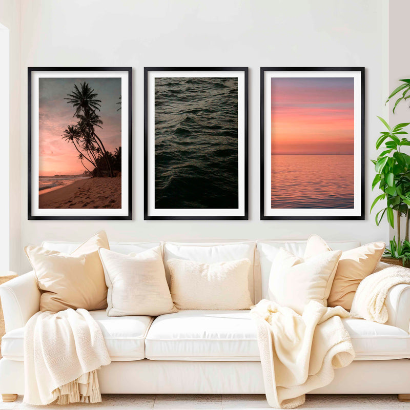 Coastal Triptych Wall Art – Pink Sunset, Ocean Calm & Tropical Night (Set of 3) - Black Framed Poster with White Border - Artworksets