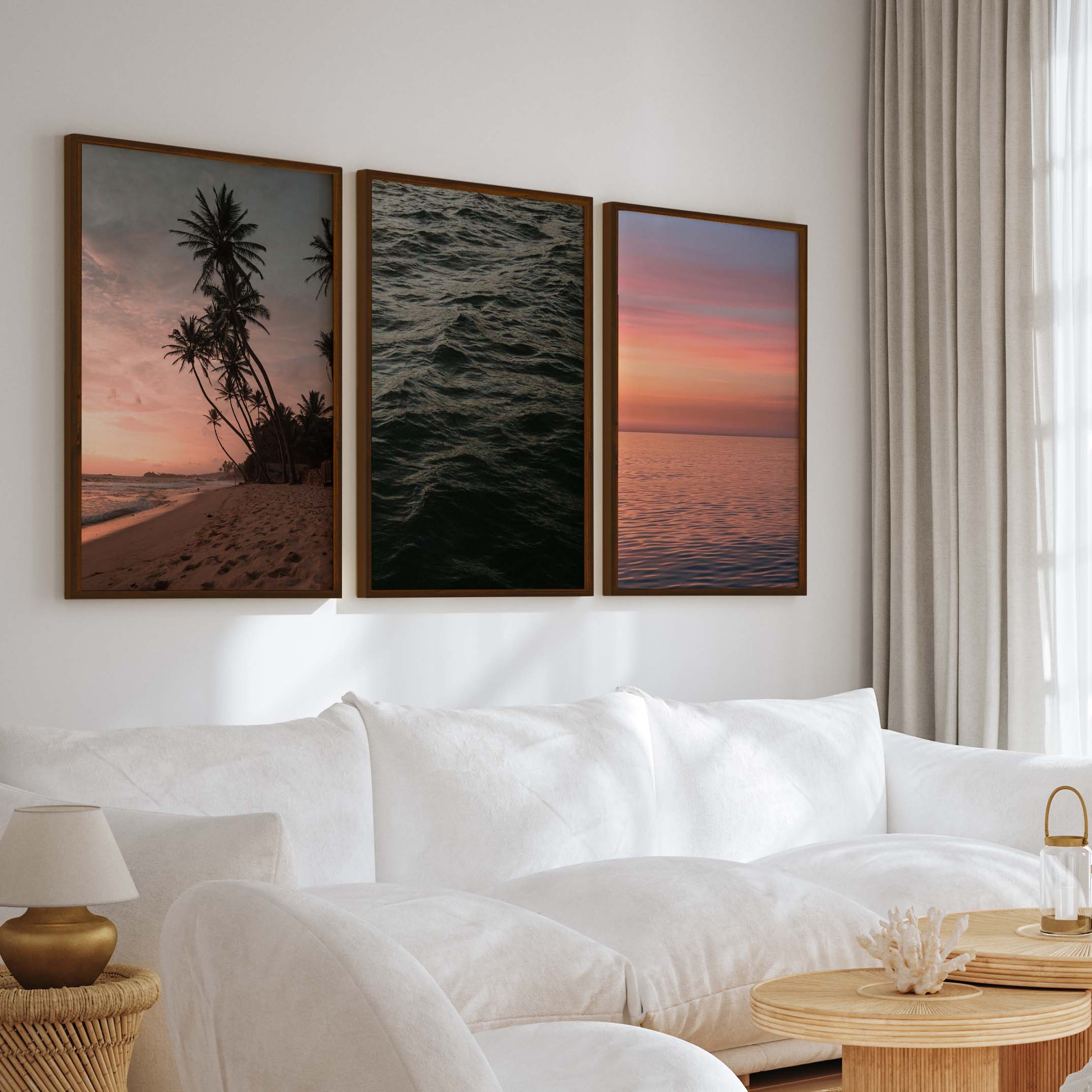 Coastal Triptych Wall Art – Pink Sunset, Ocean Calm & Tropical Night (Set of 3) - Dark Brown Framed Poster No Border - Artworksets
