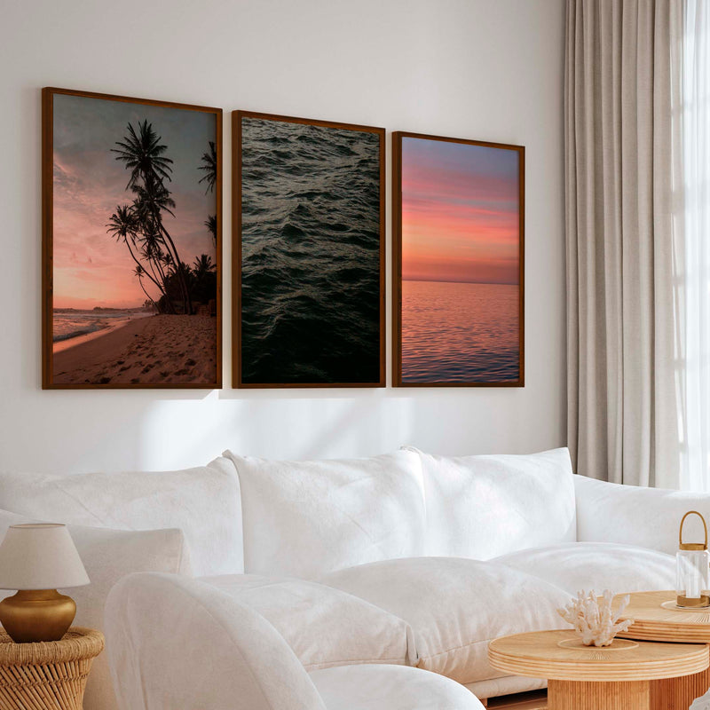 Coastal Triptych Wall Art – Pink Sunset, Ocean Calm & Tropical Night (Set of 3) - Dark Brown Framed Poster No Border - Artworksets