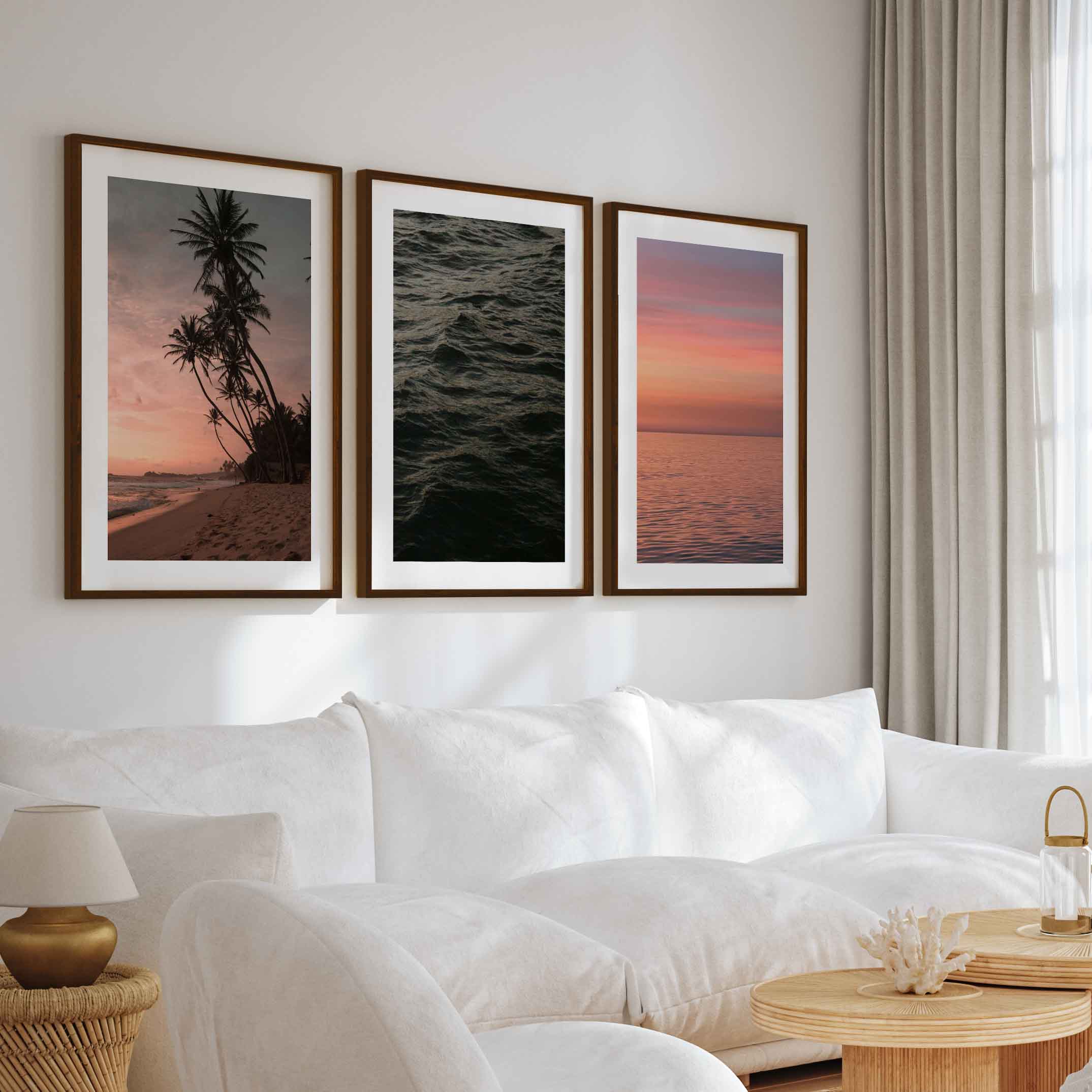 Coastal Triptych Wall Art – Pink Sunset, Ocean Calm & Tropical Night (Set of 3) - Dark Brown Framed Poster with White Border - Artworksets
