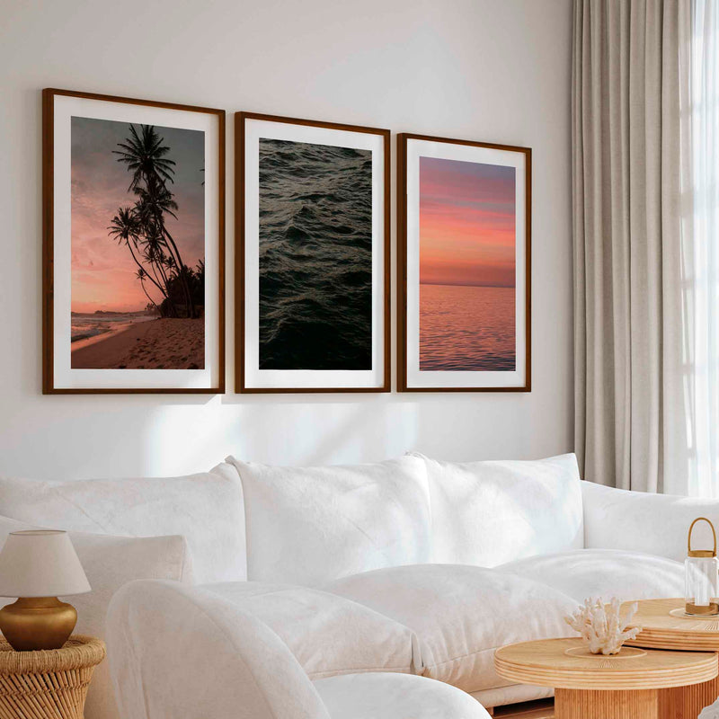 Coastal Triptych Wall Art – Pink Sunset, Ocean Calm & Tropical Night (Set of 3) - Dark Brown Framed Poster with White Border - Artworksets