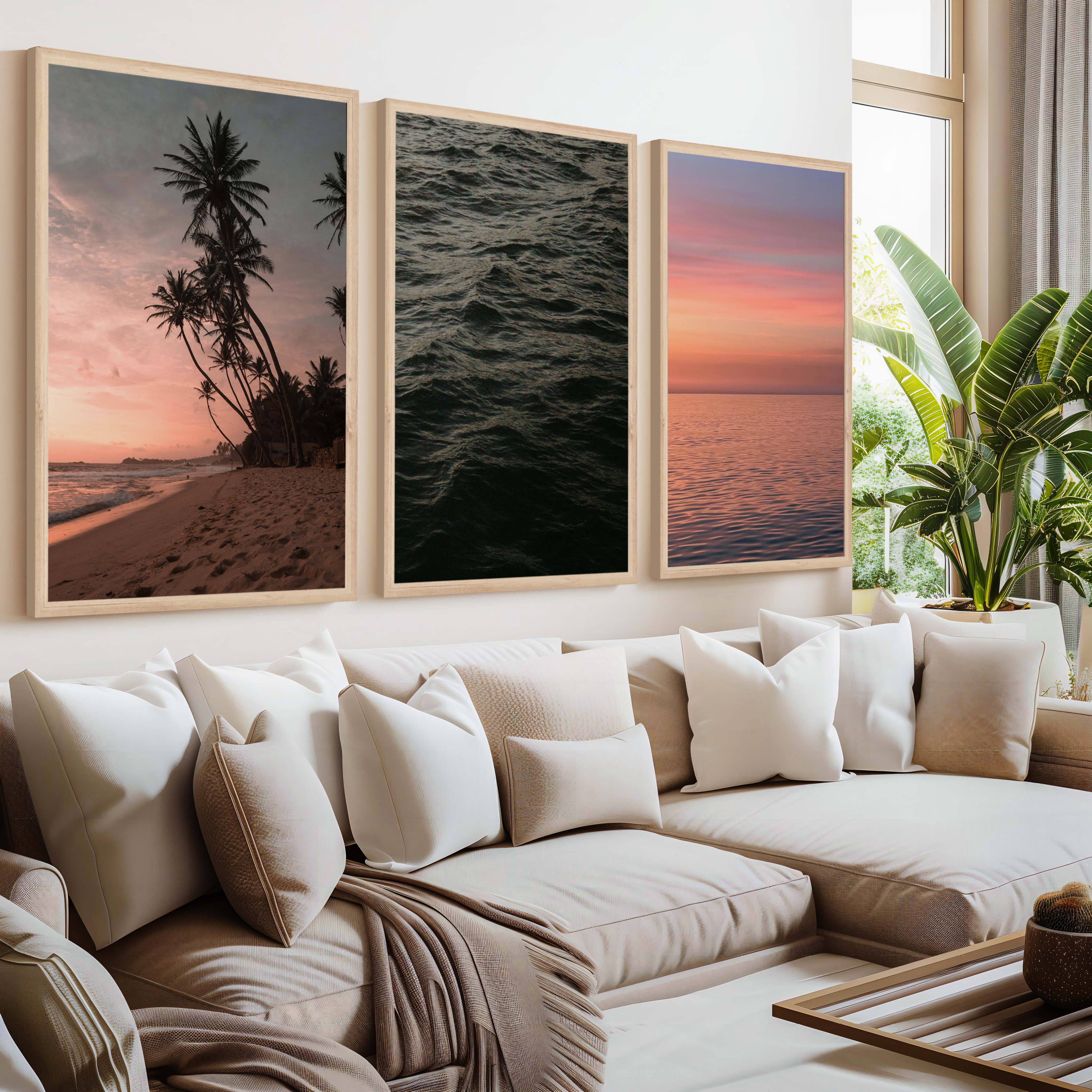 Coastal Triptych Wall Art – Pink Sunset, Ocean Calm & Tropical Night (Set of 3) - Natural Wood Framed Poster No Border - Artworksets