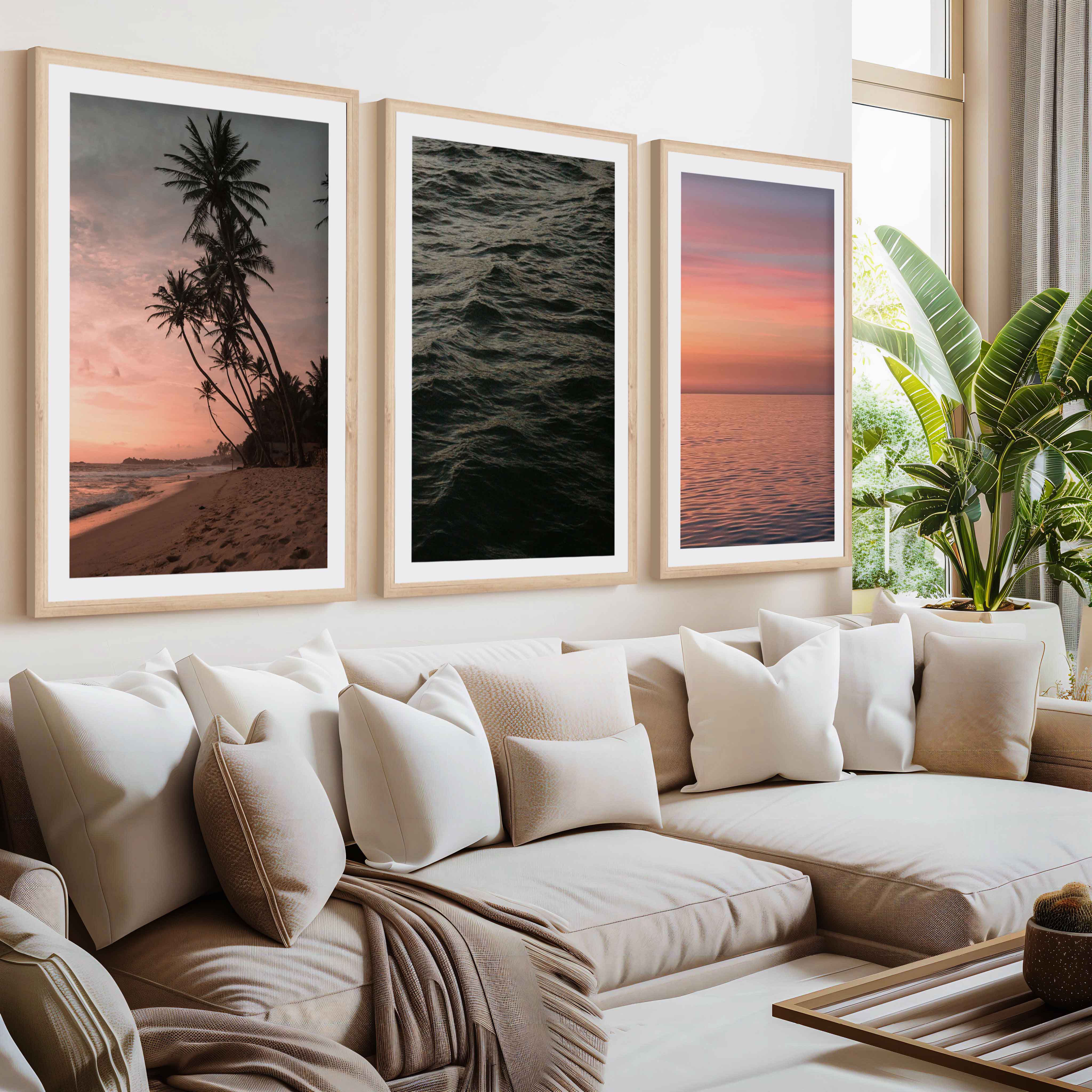 Coastal Triptych Wall Art – Pink Sunset, Ocean Calm & Tropical Night (Set of 3)- Natural Wood Framed Poster with White Border - Artworksets
