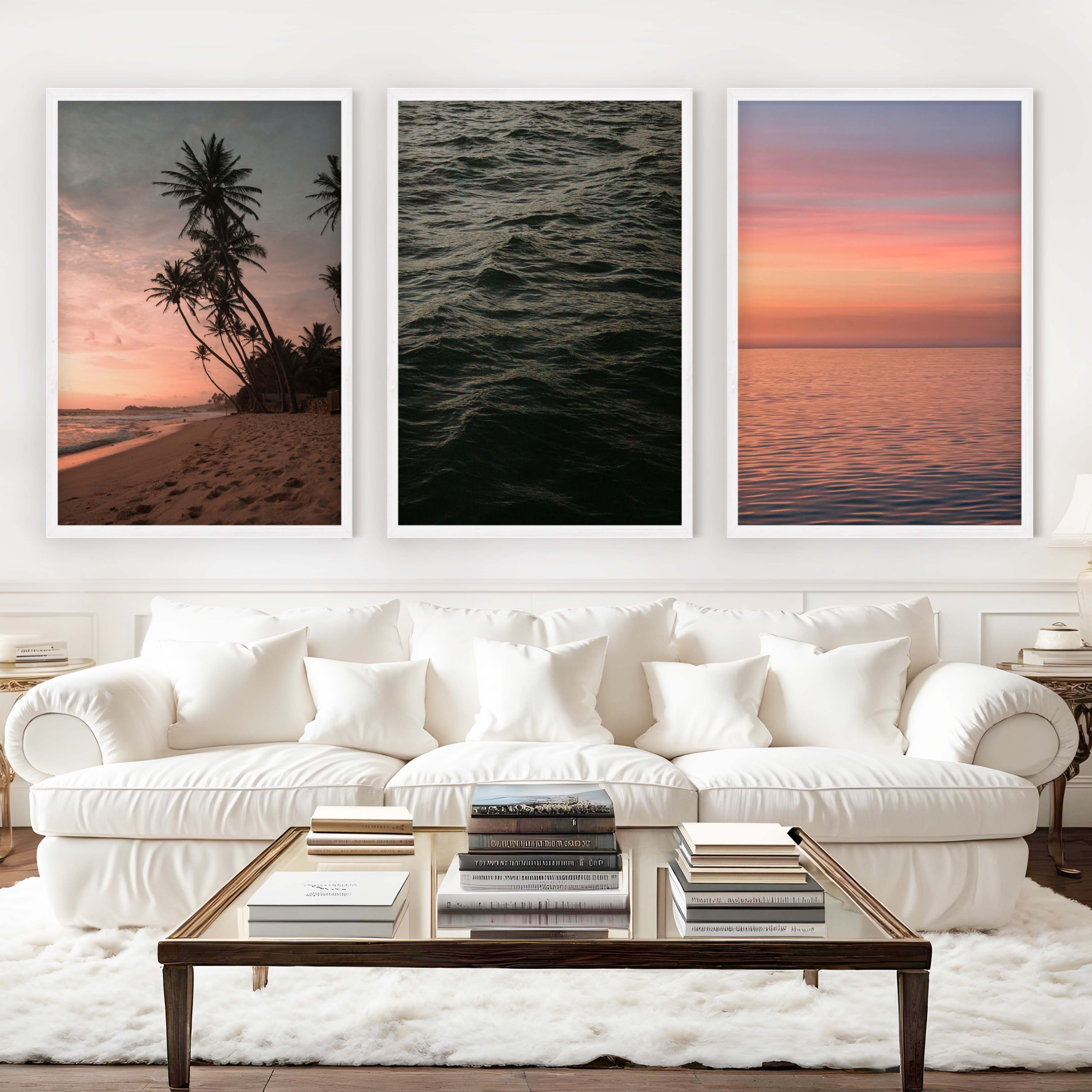 Coastal Triptych Wall Art – Pink Sunset, Ocean Calm & Tropical Night (Set of 3) - White Framed Poster No Border - Artworksets