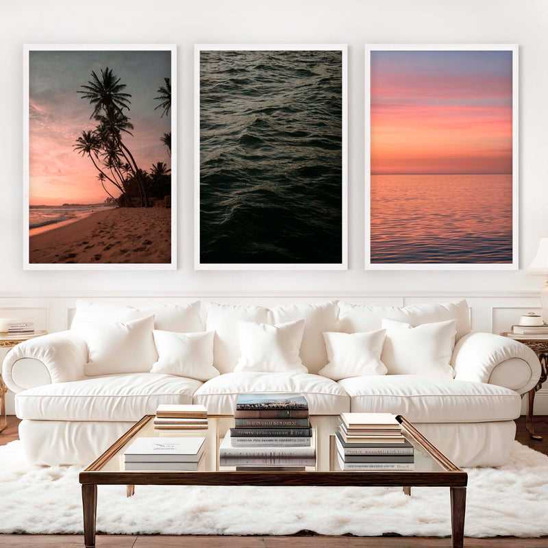 Coastal Triptych Wall Art – Pink Sunset, Ocean Calm & Tropical Night (Set of 3) - White Framed Poster No Border - Artworksets