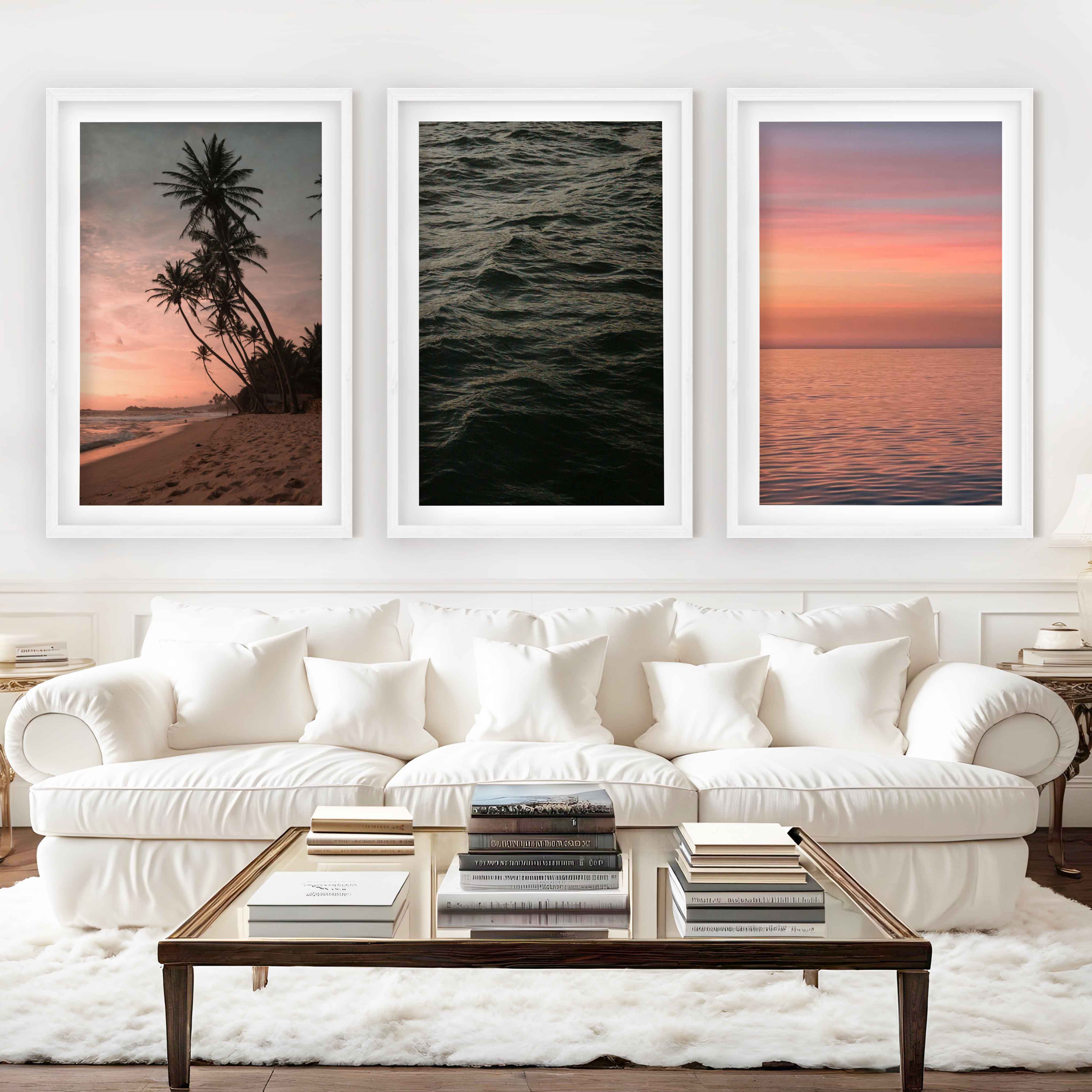 Coastal Triptych Wall Art – Pink Sunset, Ocean Calm & Tropical Night (Set of 3) - White Framed Poster with White Border - Artworksets