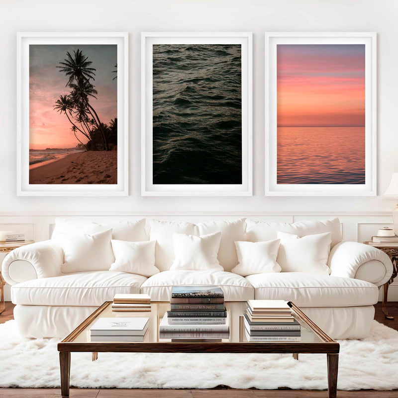 Coastal Triptych Wall Art – Pink Sunset, Ocean Calm & Tropical Night (Set of 3) - White Framed Poster with White Border - Artworksets